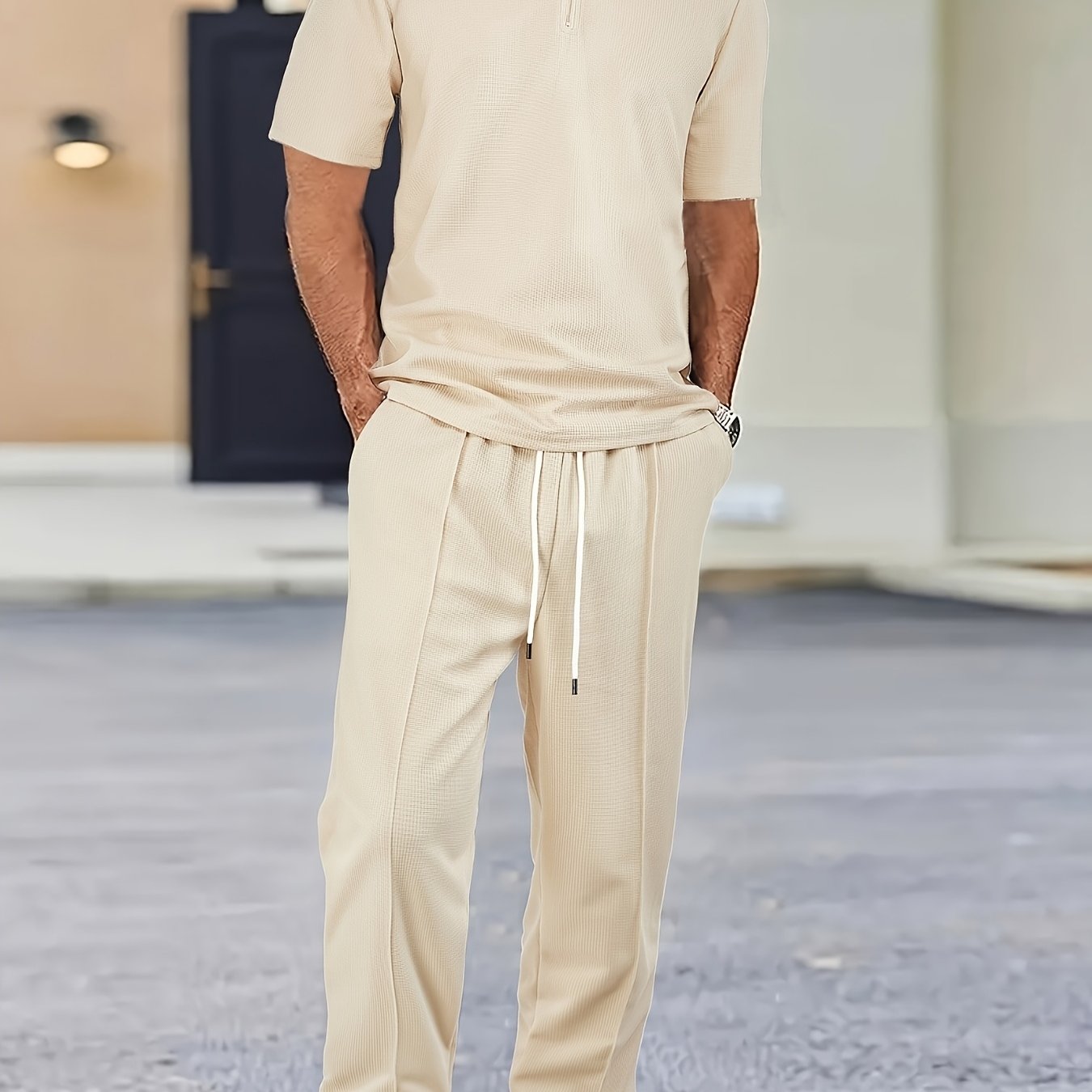 2pcs Men's Waffle Knit Casual Set with Zip-up Short-sleeve Lapel Shirt and Drawstring Pants, Suitable for Casual Daily Wear in Spring and Summer Cole Hampton