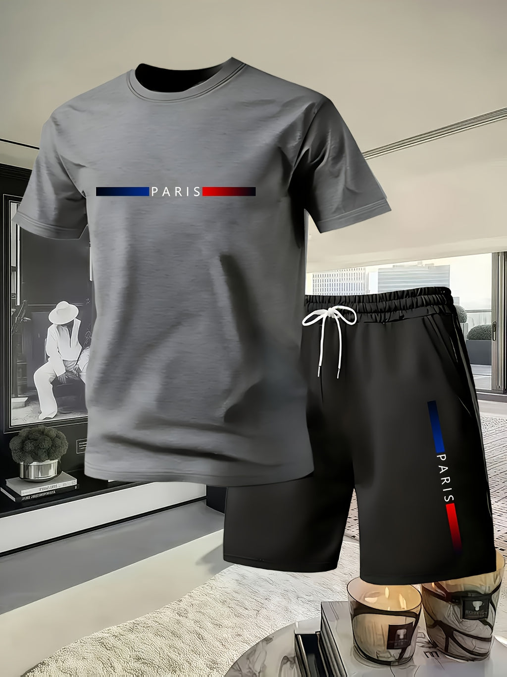 Summer Trend PARIS Print Pattern, Men's Fashion Casual T-shirt and Shorts Set Cole Hampton