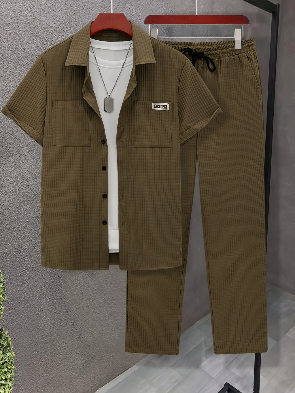 Summer Men'S Casual Bread Check Texture Short Sleeve Long Pants Shirt Set, 100% Polyester, Double-Pocket Shirt, Reversible Collar Woven Short Sleeve Top Machine Washable And Dry Clean Mature Non-Stretch Fashion Suitable for Outdoor/Office/Dating Han Cole Hampton
