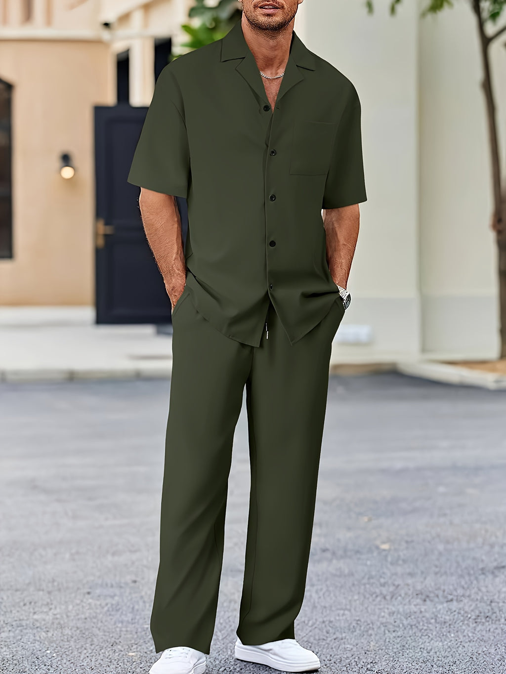 Men's Casual Suit-Inspired Short Sleeve Shirt & Loose Straight Pants Set - Polyester, Machine Washable Cole Hampton