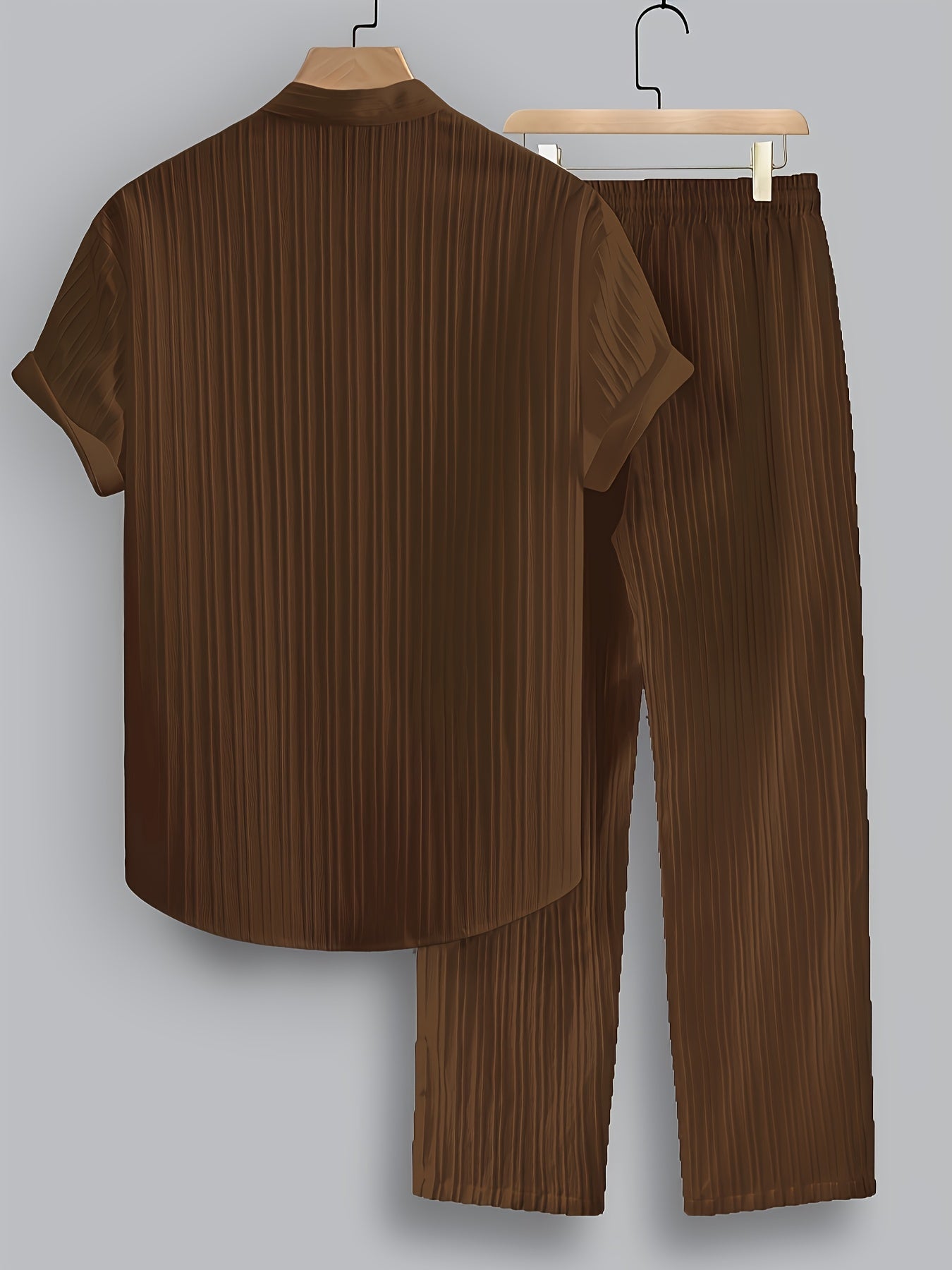 2pcs Men'S Summer Casual Striped Polyester Suit, Short-Sleeved Stand Collar Shirt And Drawstring Pants, Non-Stretch Woven Fabric, Regular Fit Suitable for Daily Wear And Beach Vacation, Solid Color, Beach Vacation Cole Hampton