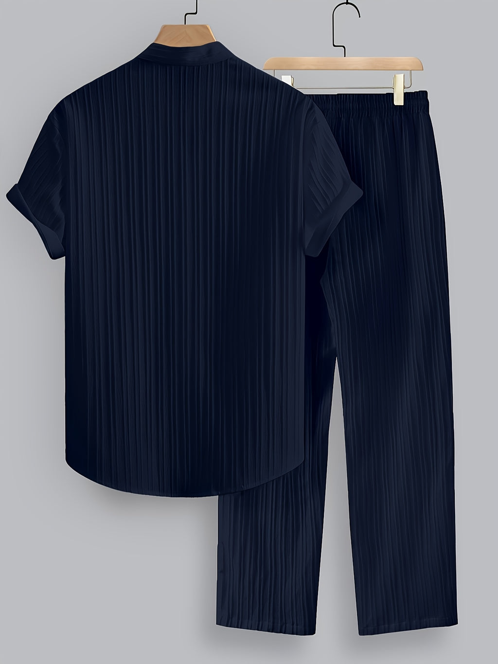 2pcs Men'S Summer Casual Striped Polyester Suit, Short-Sleeved Stand Collar Shirt And Drawstring Pants, Non-Stretch Woven Fabric, Regular Fit Suitable for Daily Wear And Beach Vacation, Solid Color, Beach Vacation Cole Hampton