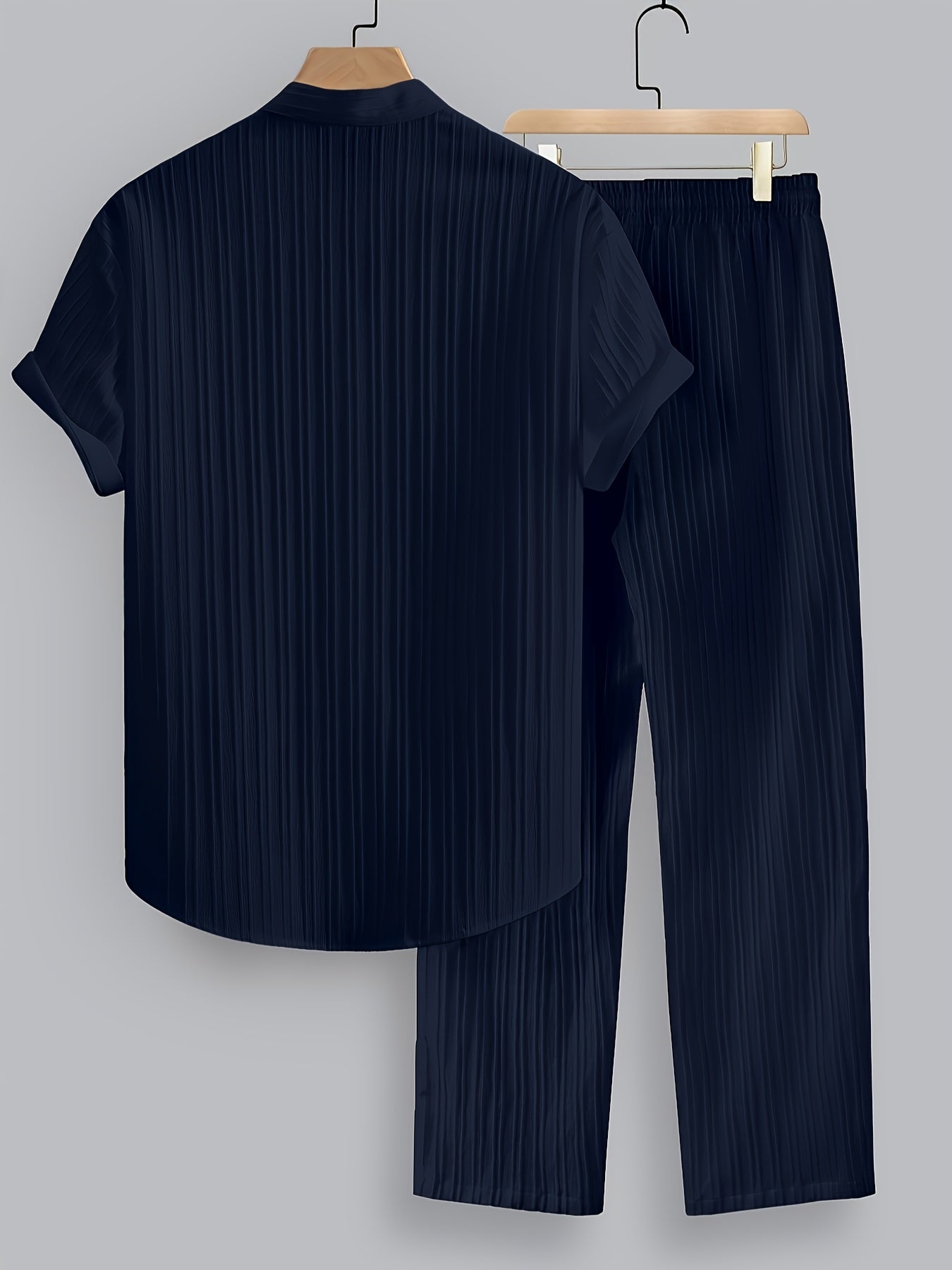 2pcs Men'S Summer Casual Striped Polyester Suit, Short-Sleeved Stand Collar Shirt And Drawstring Pants, Non-Stretch Woven Fabric, Regular Fit Suitable for Daily Wear And Beach Vacation, Solid Color, Beach Vacation Cole Hampton