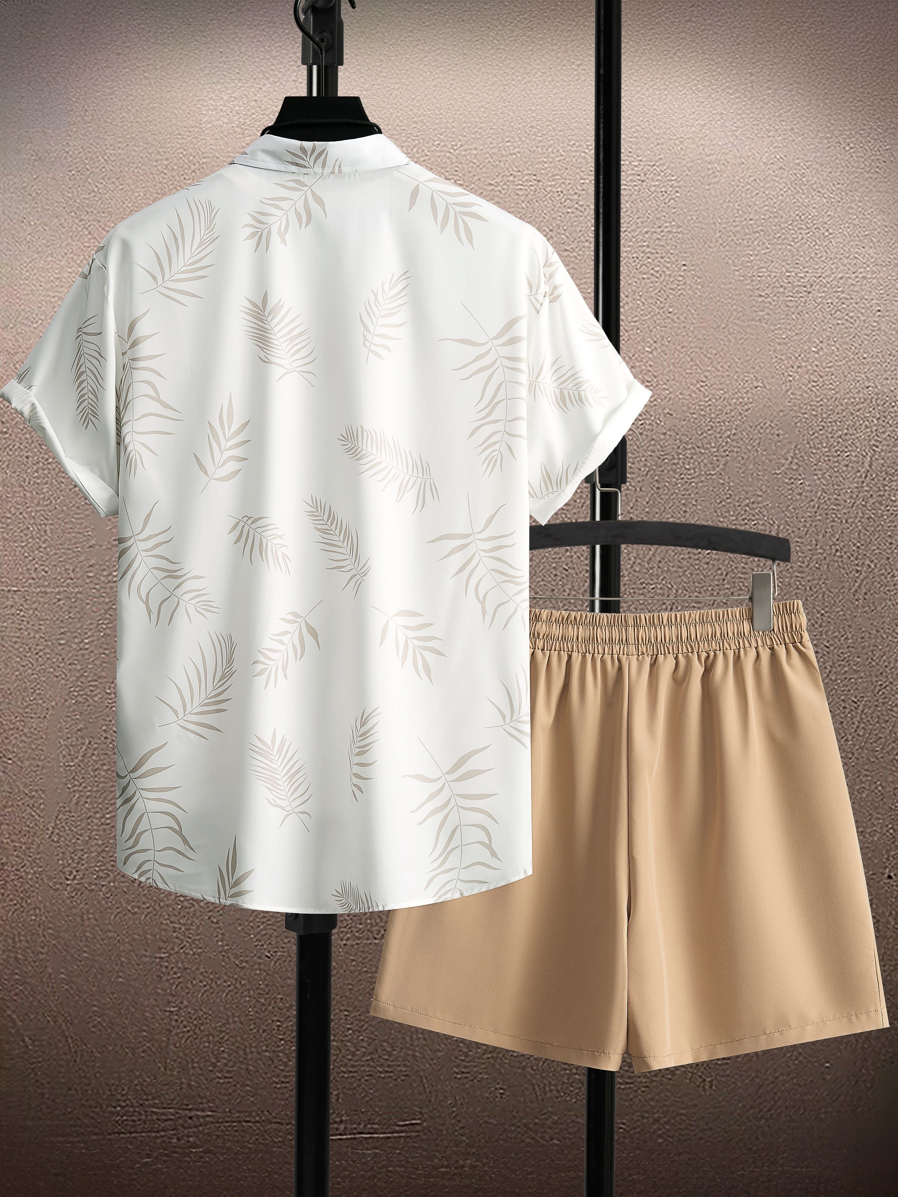 Men'S Two-Piece Set Featuring a Leaf Print Button-Up Shirt And Drawstring Casual Shorts, Perfect for Relaxed Summer Wear Cole Hampton