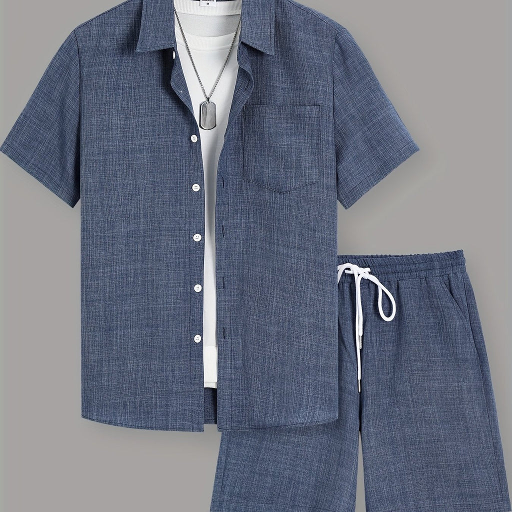 OBM Starry Men'S Solid Color Fresh Pocket Short Sleeve Shirt And Drawstring Double Slant Pockets Shorts Set Cole Hampton