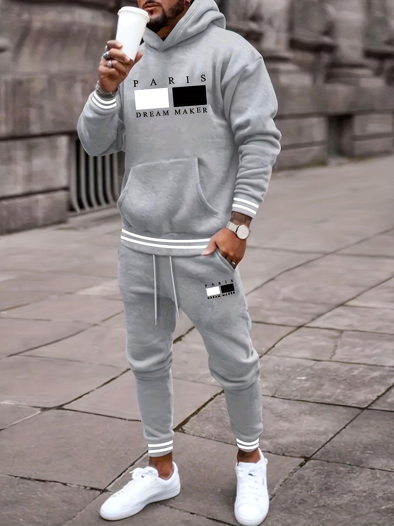 2025 New Men'S Paris Letter Print Hooded Sweatshirt And Drawstring Waist Sweatpants Set, Gift for Boyfriend Cole Hampton