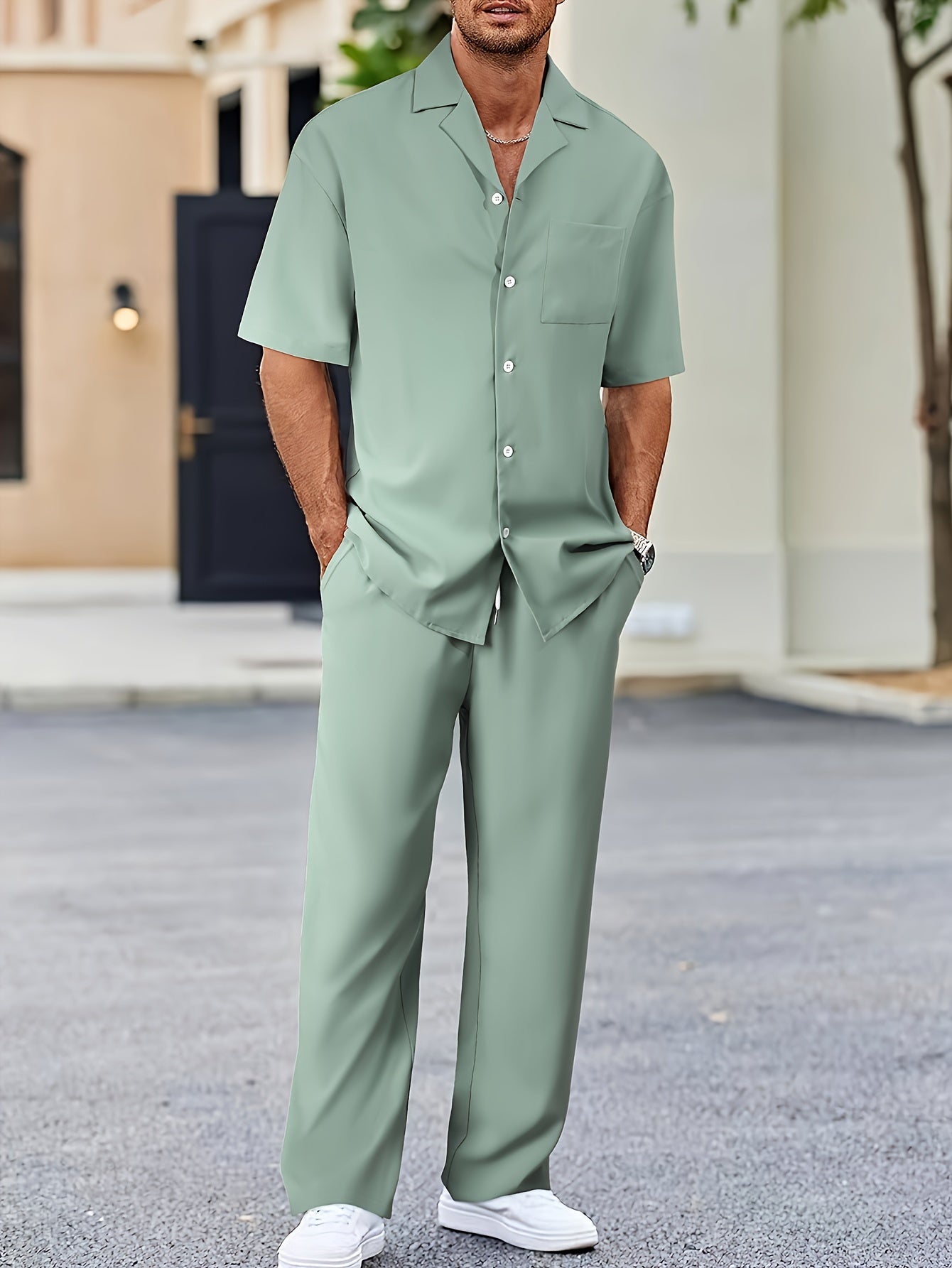 Men's Casual Suit-Inspired Short Sleeve Shirt & Loose Straight Pants Set - Polyester, Machine Washable Cole Hampton