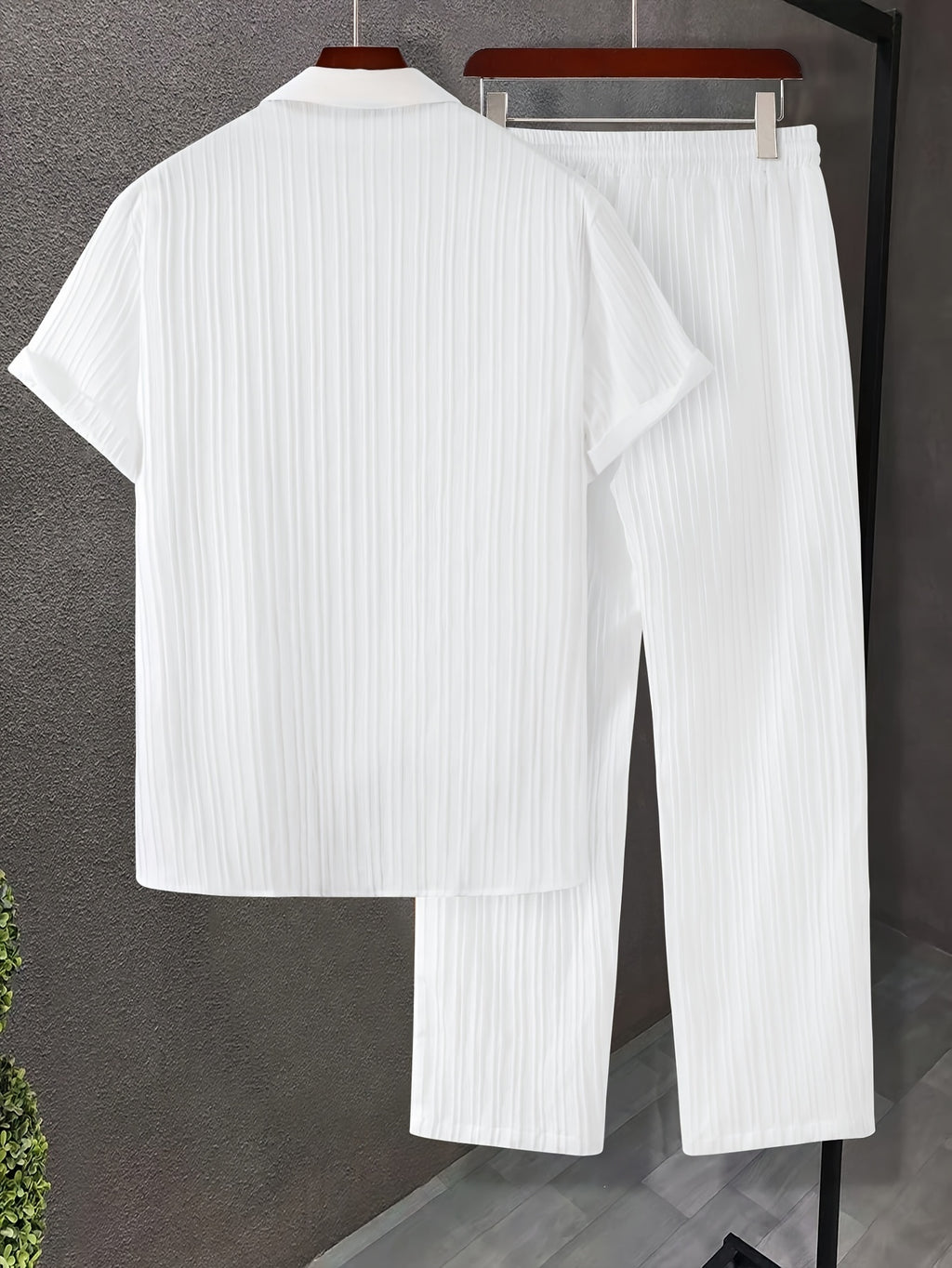 Men's Striped Casual Short-Sleeve Shirt + Casual Drawstring Lined Long Pants 2pcs Set with Elastic Waistband for Holiday Leisure Outings Cole Hampton