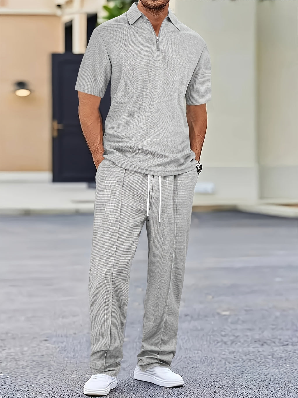 2pcs Men's Waffle Knit Casual Set with Zip-up Short-sleeve Lapel Shirt and Drawstring Pants, Suitable for Casual Daily Wear in Spring and Summer Cole Hampton