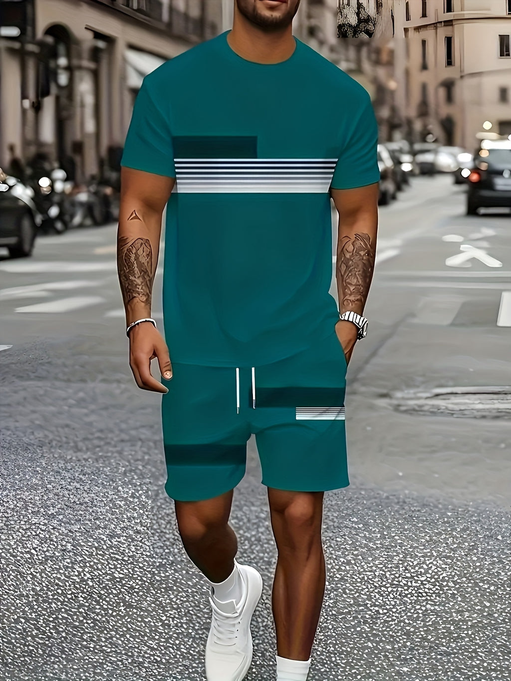 Men's Outdoor Outfit Set, Summer Trendy Fashion Short-Sleeve Crew Neck Creative Quick-Dry T-Shirt Top + Shorts, 3D Digital Print Vintage Style Striped Contrast Color Pattern, A Must-Have for Street Trendsetters, Suitable for Daily Casual Cole Hampton