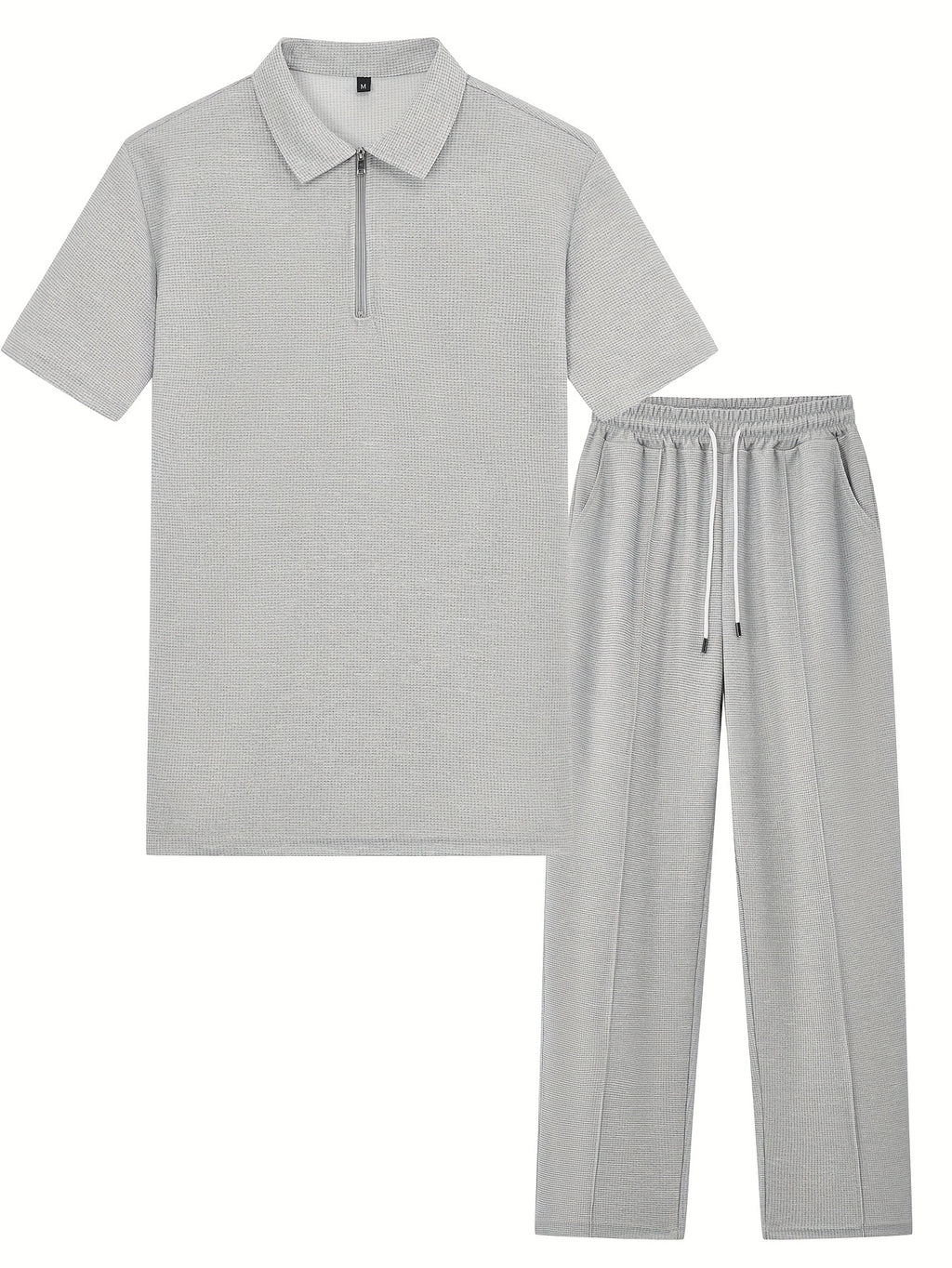 2pcs Men's Waffle Knit Casual Set with Zip-up Short-sleeve Lapel Shirt and Drawstring Pants, Suitable for Casual Daily Wear in Spring and Summer Cole Hampton