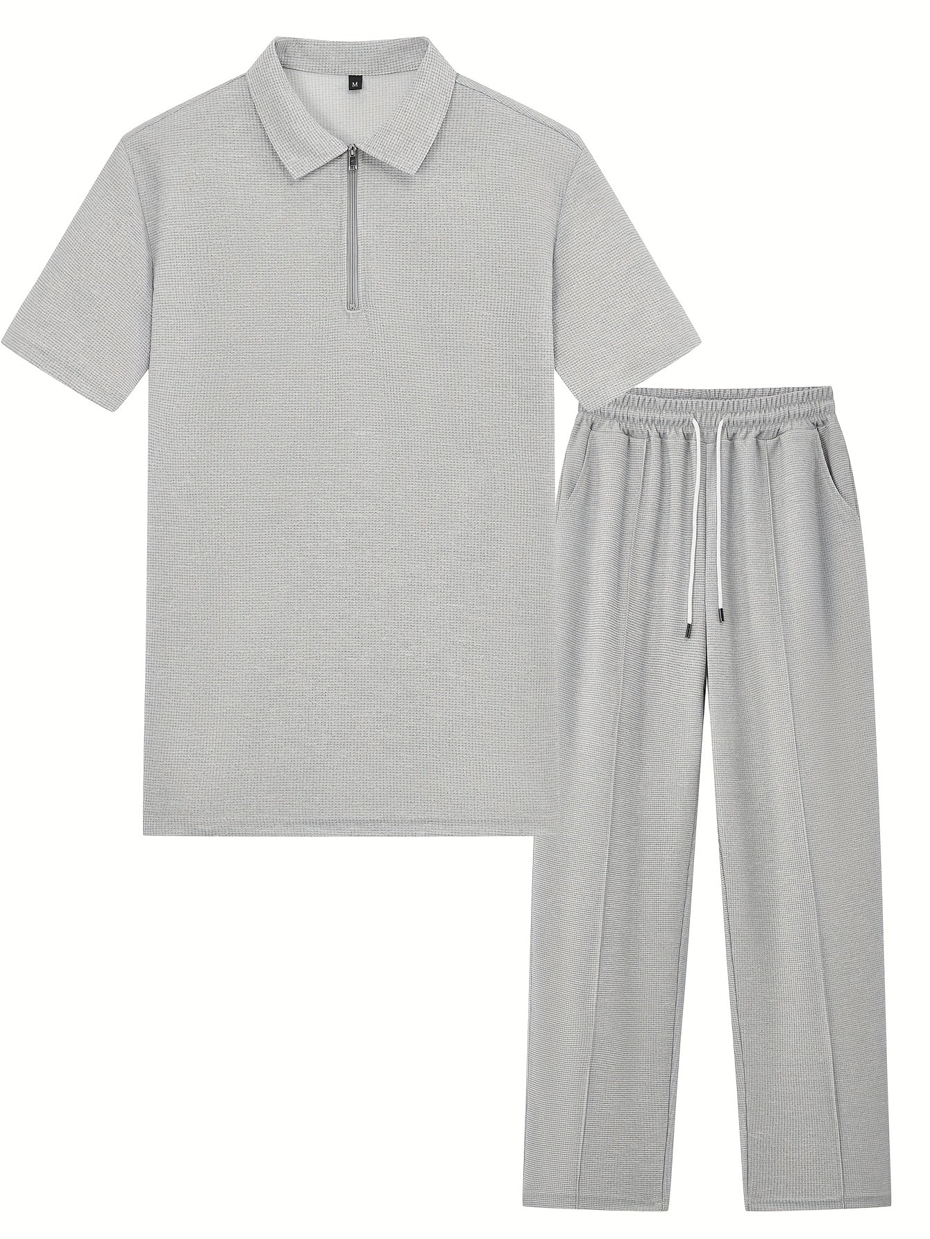2pcs Men's Waffle Knit Casual Set with Zip-up Short-sleeve Lapel Shirt and Drawstring Pants, Suitable for Casual Daily Wear in Spring and Summer Cole Hampton