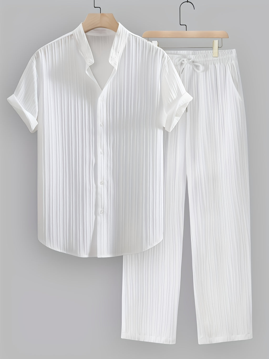 2pcs Men'S Summer Casual Striped Polyester Suit, Short-Sleeved Stand Collar Shirt And Drawstring Pants, Non-Stretch Woven Fabric, Regular Fit Suitable for Daily Wear And Beach Vacation, Solid Color, Beach Vacation Cole Hampton