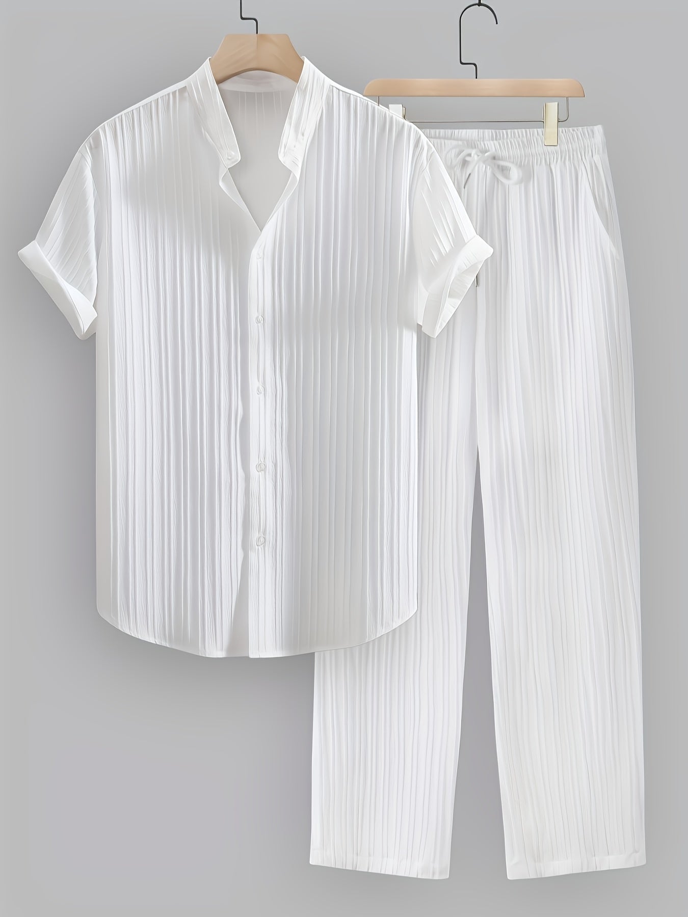 2pcs Men'S Summer Casual Striped Polyester Suit, Short-Sleeved Stand Collar Shirt And Drawstring Pants, Non-Stretch Woven Fabric, Regular Fit Suitable for Daily Wear And Beach Vacation, Solid Color, Beach Vacation Cole Hampton