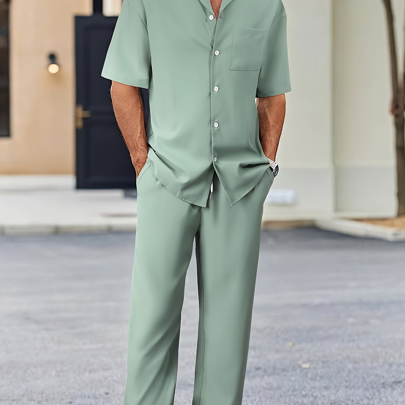 Men's Casual Suit-Inspired Short Sleeve Shirt & Loose Straight Pants Set - Polyester, Machine Washable Cole Hampton