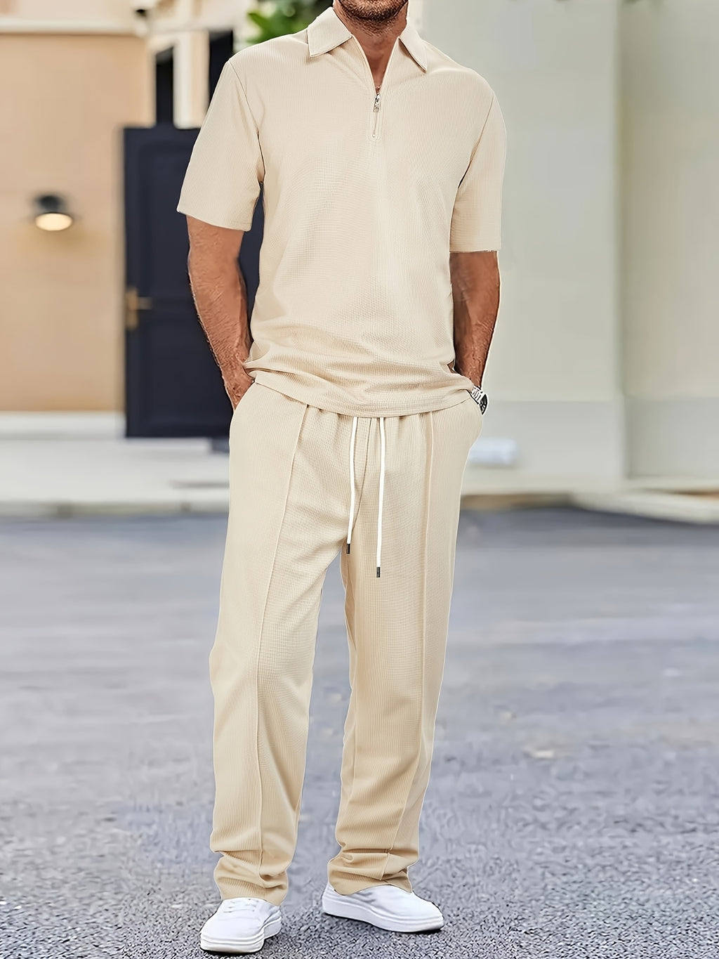 2pcs Men's Waffle Knit Casual Set with Zip-up Short-sleeve Lapel Shirt and Drawstring Pants, Suitable for Casual Daily Wear in Spring and Summer Cole Hampton