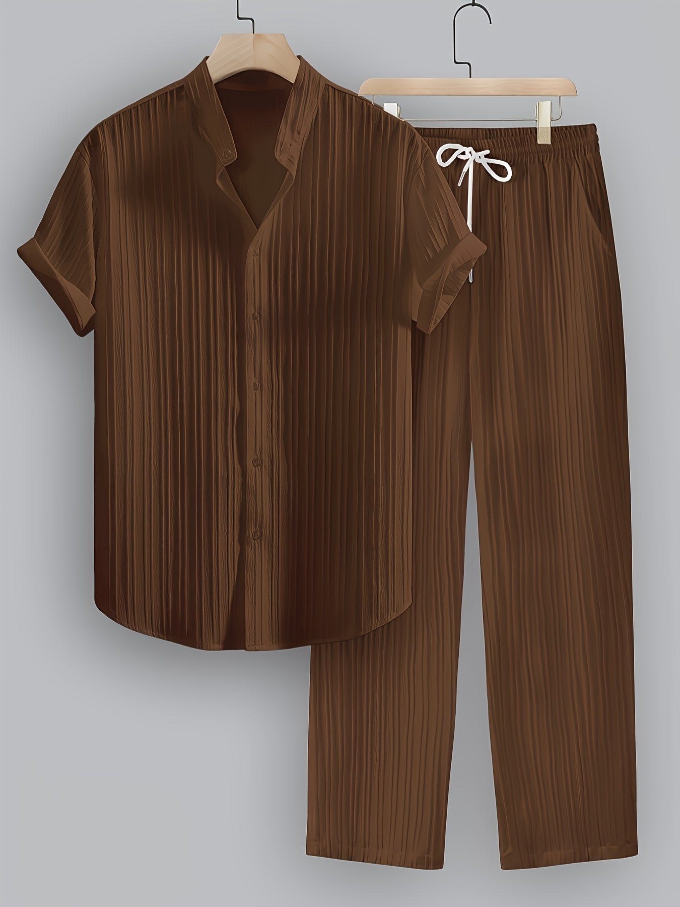 2pcs Men'S Summer Casual Striped Polyester Suit, Short-Sleeved Stand Collar Shirt And Drawstring Pants, Non-Stretch Woven Fabric, Regular Fit Suitable for Daily Wear And Beach Vacation, Solid Color, Beach Vacation Cole Hampton