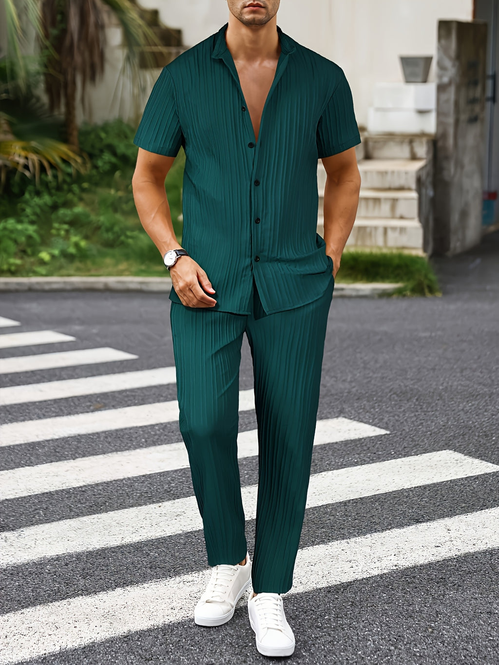 Men's New Trend Textured Wave Stripe Short Sleeve Long Pants Casual Set Cole Hampton