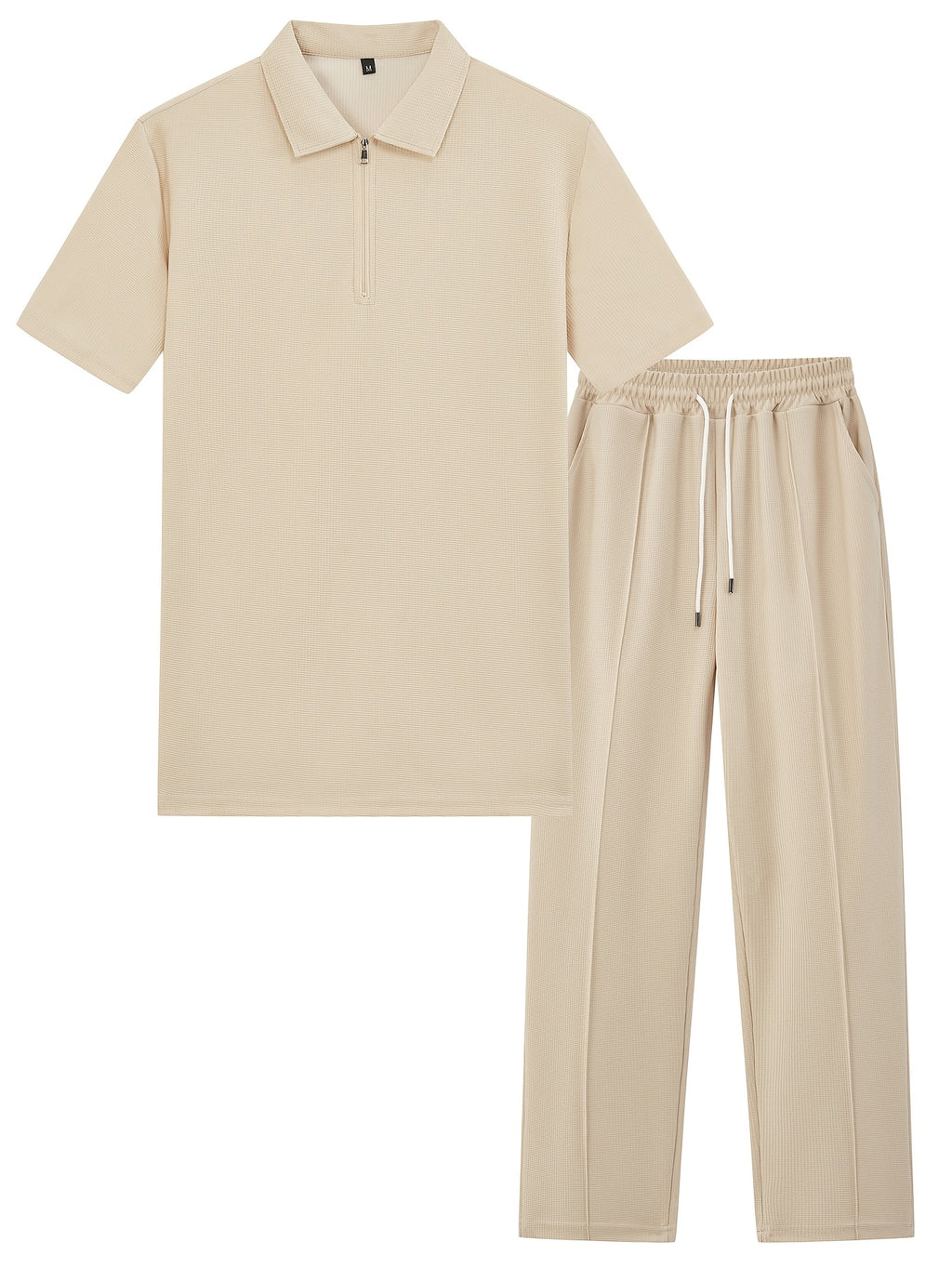 2pcs Men's Waffle Knit Casual Set with Zip-up Short-sleeve Lapel Shirt and Drawstring Pants, Suitable for Casual Daily Wear in Spring and Summer Cole Hampton
