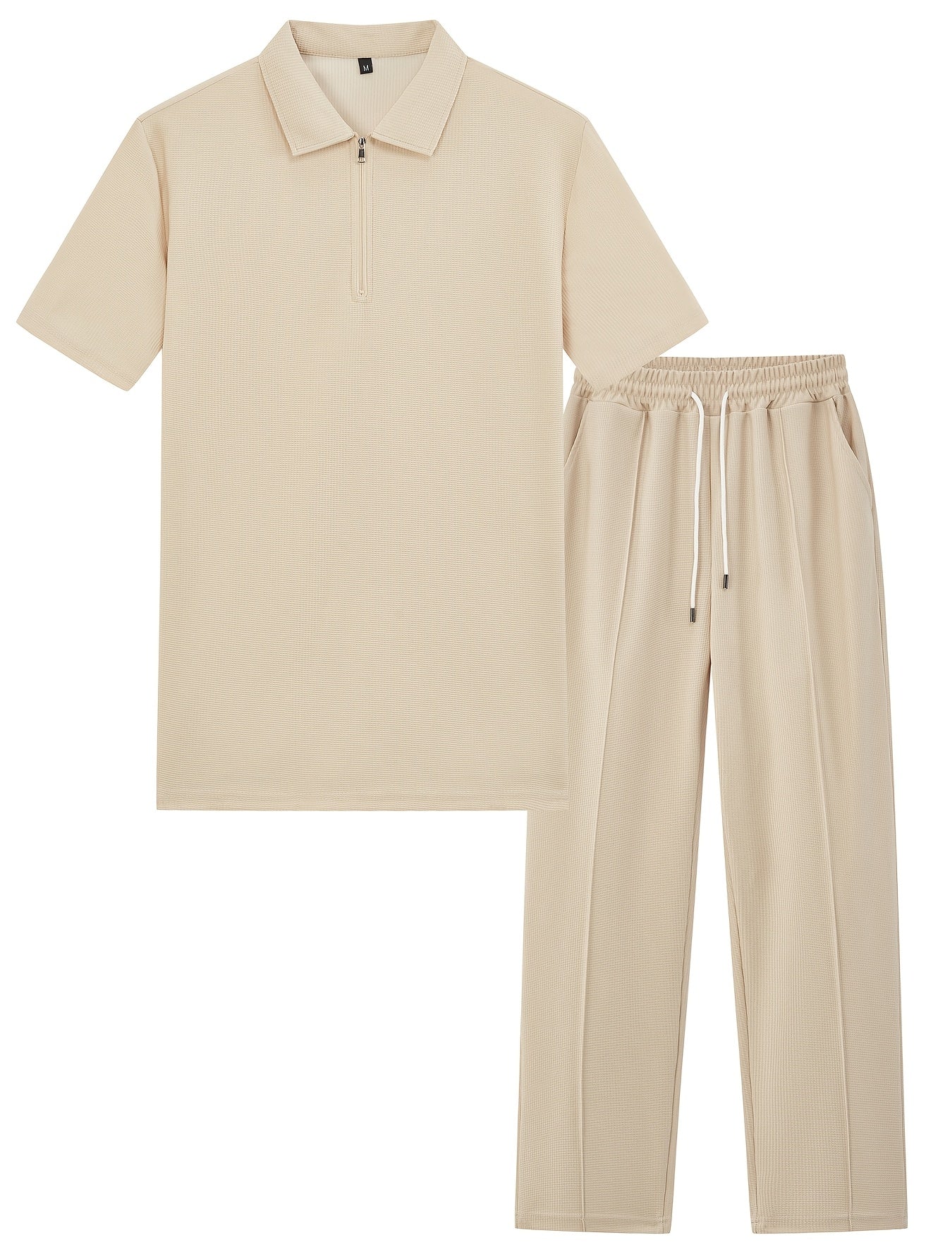 2pcs Men's Waffle Knit Casual Set with Zip-up Short-sleeve Lapel Shirt and Drawstring Pants, Suitable for Casual Daily Wear in Spring and Summer Cole Hampton
