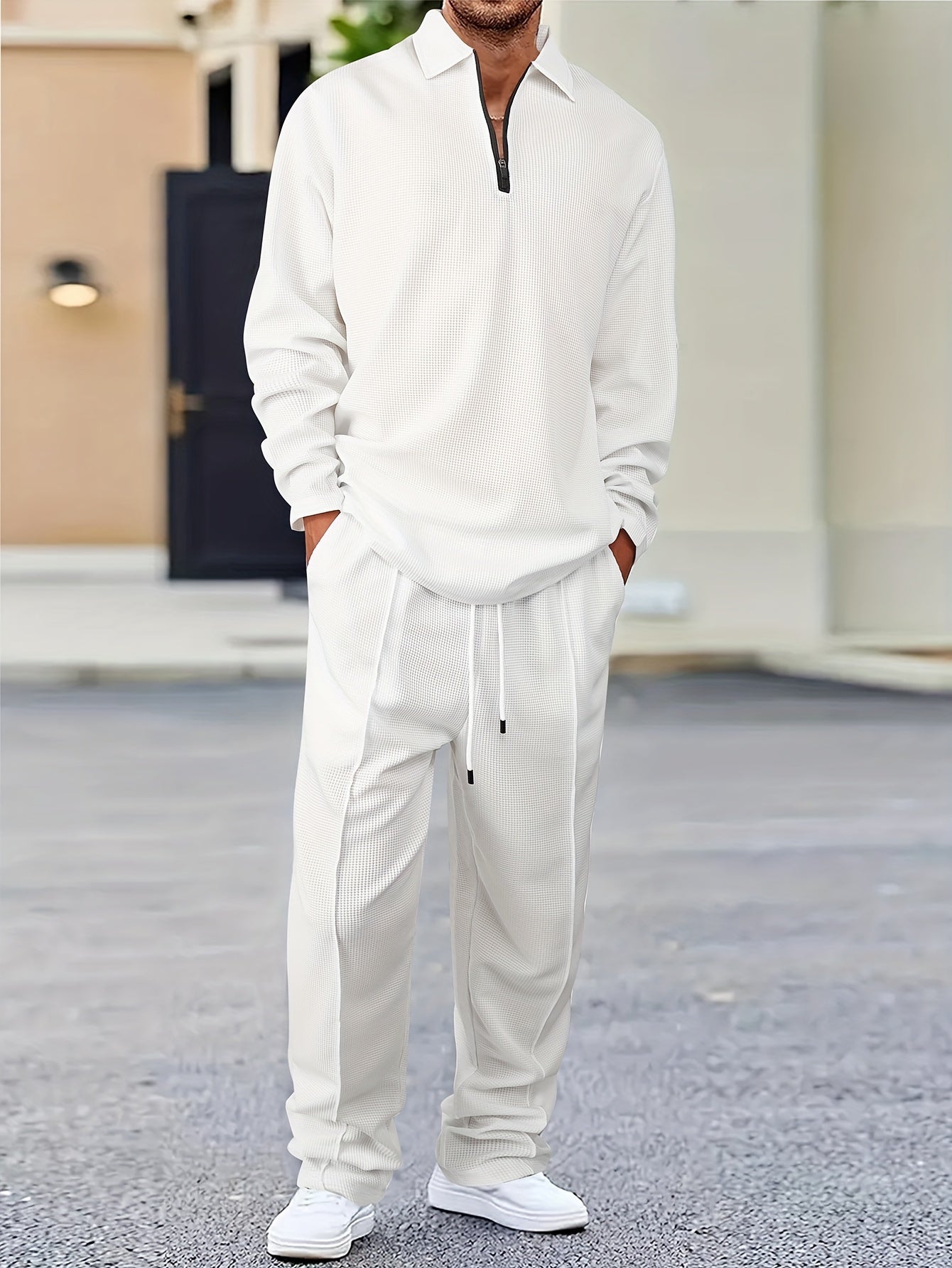 Men's 2pcs Solid Color Waffle Knit Casual Set: Long Sleeve Lapel Shirt, Long Sleeve Sweatshirt, and Solid Color Drawstring Pants. A Chic and Comfortable Casual Set Suitable for Men's Daily Casual Wear, Vacation Wear, and Spring/autumn Menswear Cole Hampton