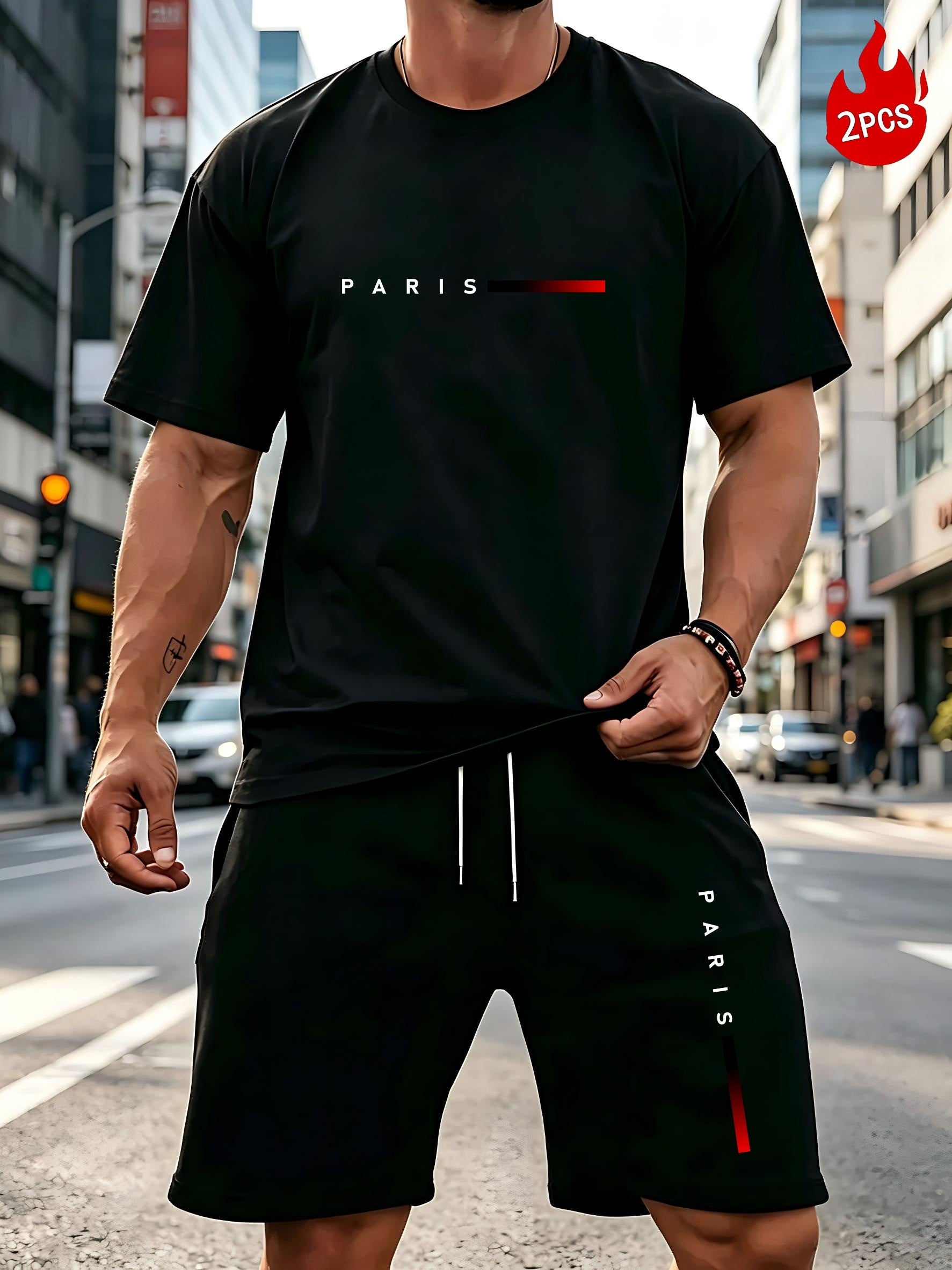 Summer Trend PARIS Print Pattern, Men's Fashion Casual T-shirt and Shorts Set Cole Hampton