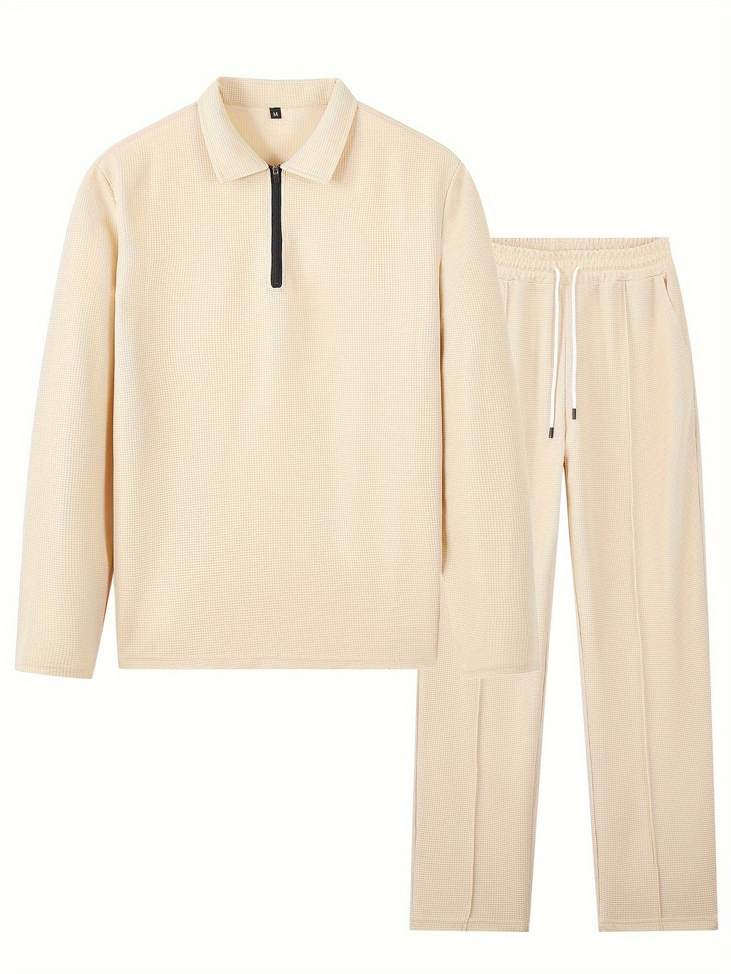 Men's 2pcs Solid Color Waffle Knit Casual Set: Long Sleeve Lapel Shirt, Long Sleeve Sweatshirt, and Solid Color Drawstring Pants. A Chic and Comfortable Casual Set Suitable for Men's Daily Casual Wear, Vacation Wear, and Spring/autumn Menswear Cole Hampton