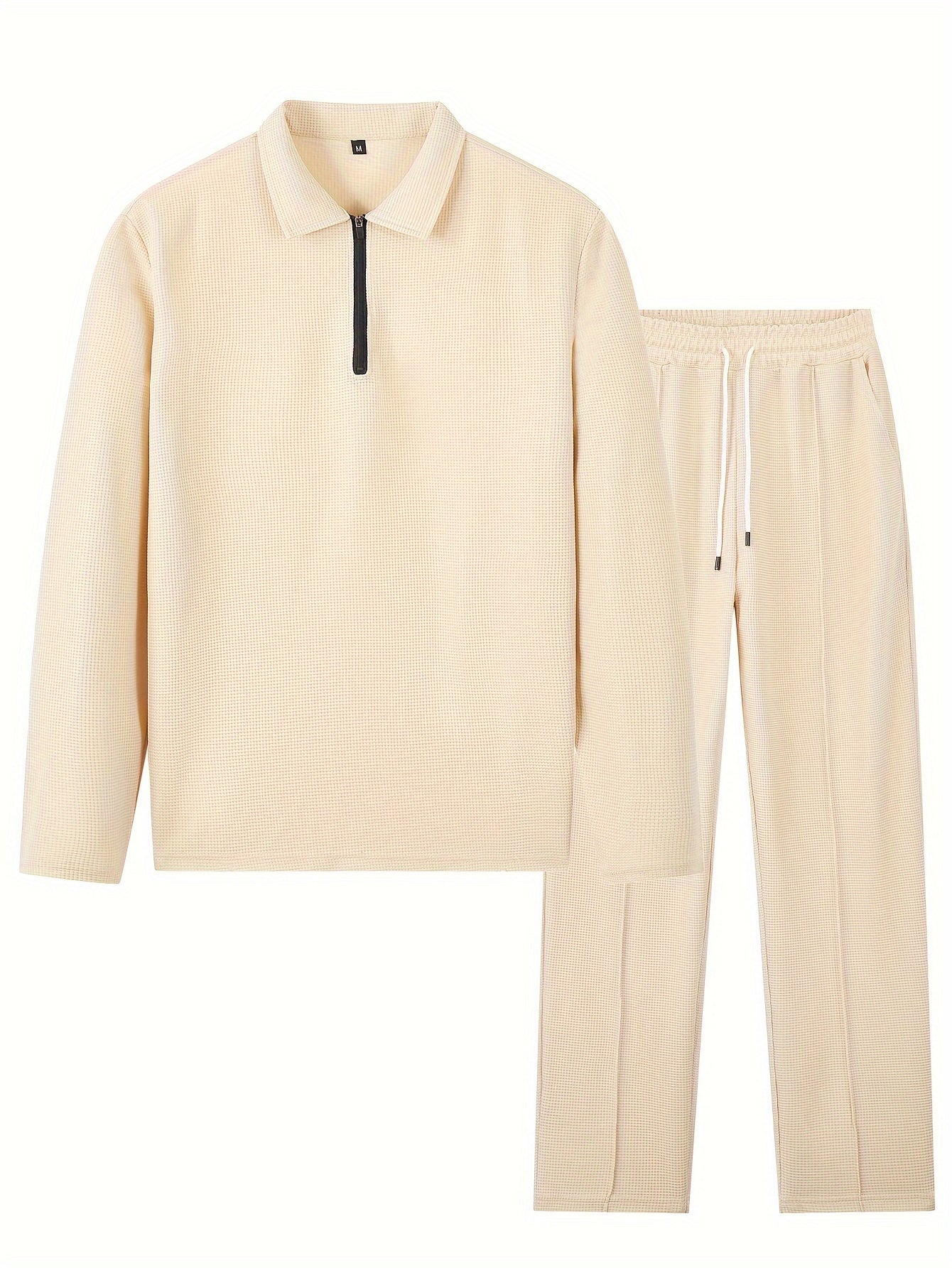 Men's 2pcs Solid Color Waffle Knit Casual Set: Long Sleeve Lapel Shirt, Long Sleeve Sweatshirt, and Solid Color Drawstring Pants. A Chic and Comfortable Casual Set Suitable for Men's Daily Casual Wear, Vacation Wear, and Spring/autumn Menswear Cole Hampton
