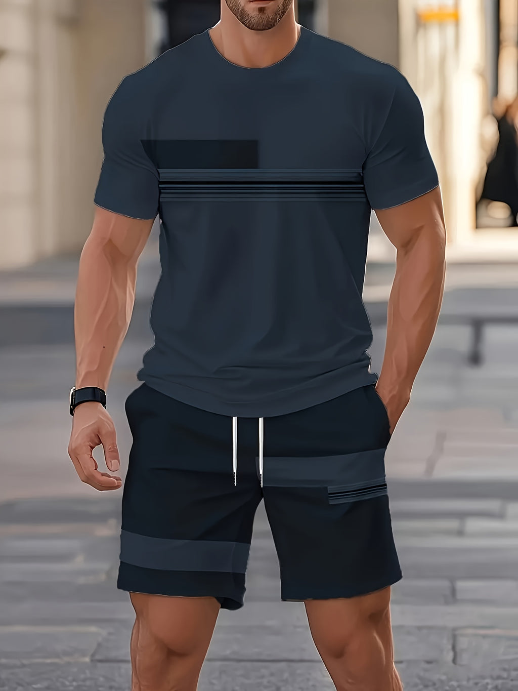 Men's Outdoor Outfit Set, Summer Trendy Fashion Short-Sleeve Crew Neck Creative Quick-Dry T-Shirt Top + Shorts, 3D Digital Print Vintage Style Striped Contrast Color Pattern, A Must-Have for Street Trendsetters, Suitable for Daily Casual Cole Hampton