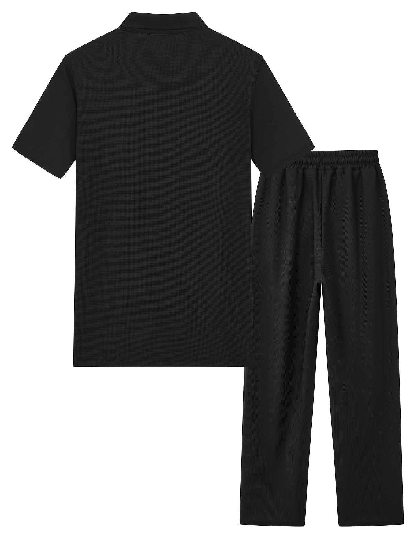 2pcs Men's Waffle Knit Casual Set with Zip-up Short-sleeve Lapel Shirt and Drawstring Pants, Suitable for Casual Daily Wear in Spring and Summer Cole Hampton