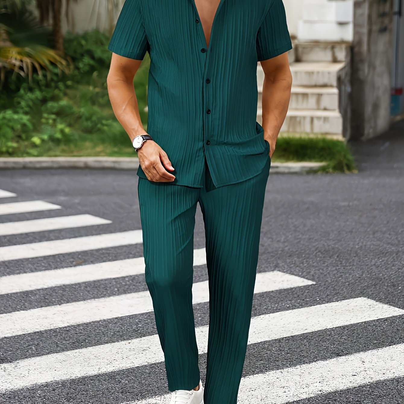 Men's New Trend Textured Wave Stripe Short Sleeve Long Pants Casual Set Cole Hampton
