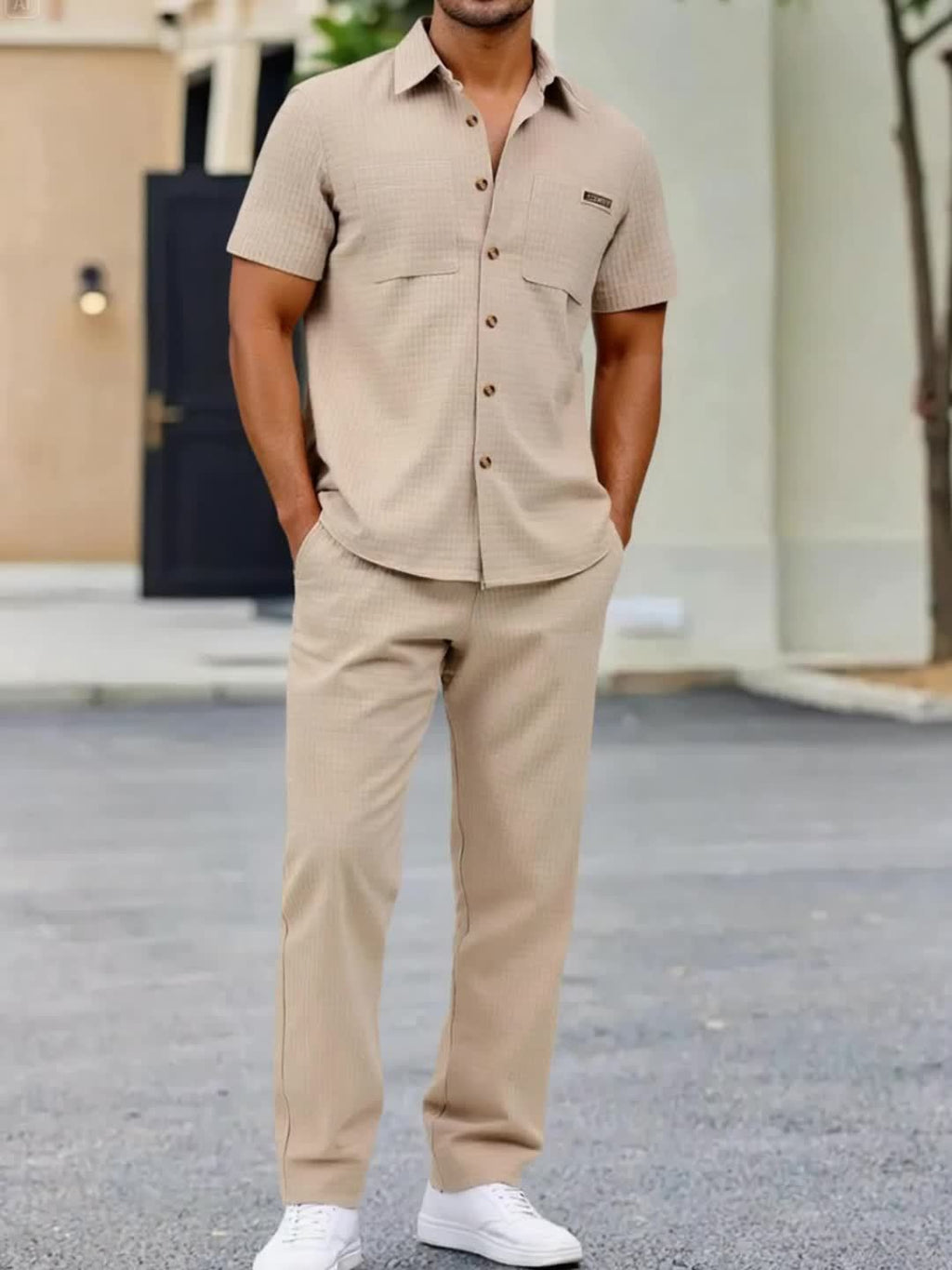 Summer Men'S Casual Bread Check Texture Short Sleeve Long Pants Shirt Set, 100% Polyester, Double-Pocket Shirt, Reversible Collar Woven Short Sleeve Top Machine Washable And Dry Clean Mature Non-Stretch Fashion Suitable for Outdoor/Office/Dating Han Cole Hampton