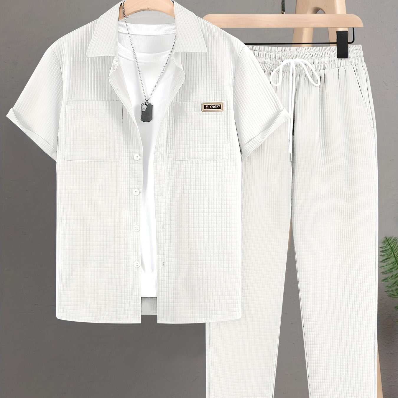 Summer Men'S Casual Bread Check Texture Short Sleeve Long Pants Shirt Set, 100% Polyester, Double-Pocket Shirt, Reversible Collar Woven Short Sleeve Top Machine Washable And Dry Clean Mature Non-Stretch Fashion Suitable for Outdoor/Office/Dating Han Cole Hampton