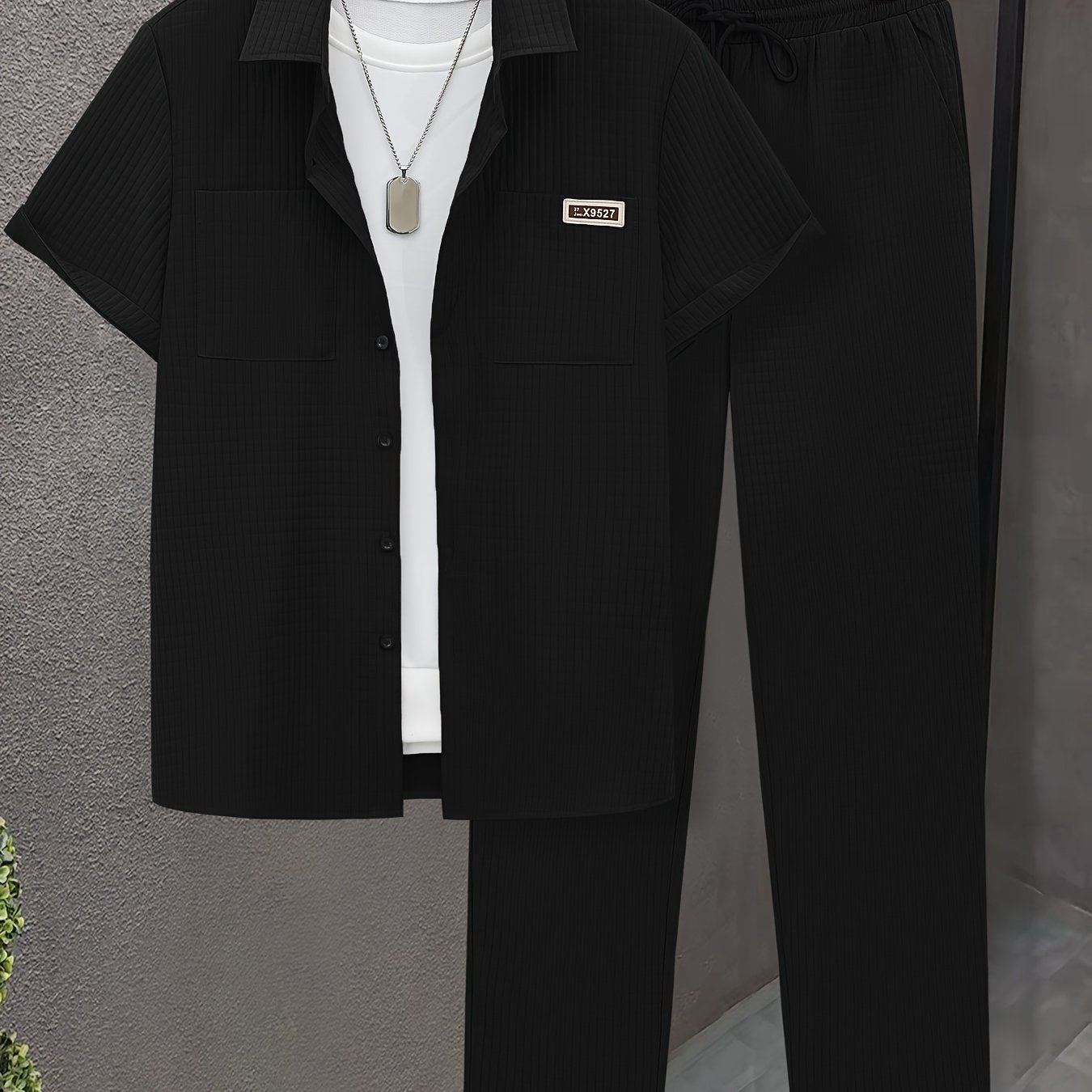 Summer Men'S Casual Bread Check Texture Short Sleeve Long Pants Shirt Set, 100% Polyester, Double-Pocket Shirt, Reversible Collar Woven Short Sleeve Top Machine Washable And Dry Clean Mature Non-Stretch Fashion Suitable for Outdoor/Office/Dating Han Cole Hampton