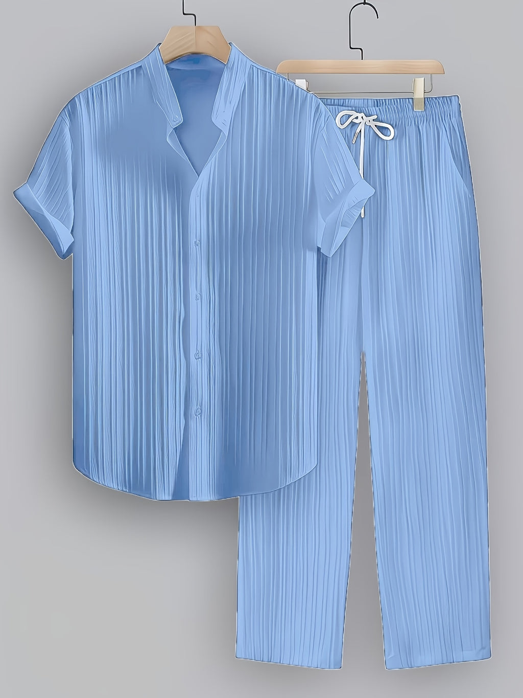 2pcs Men'S Summer Casual Striped Polyester Suit, Short-Sleeved Stand Collar Shirt And Drawstring Pants, Non-Stretch Woven Fabric, Regular Fit Suitable for Daily Wear And Beach Vacation, Solid Color, Beach Vacation Cole Hampton
