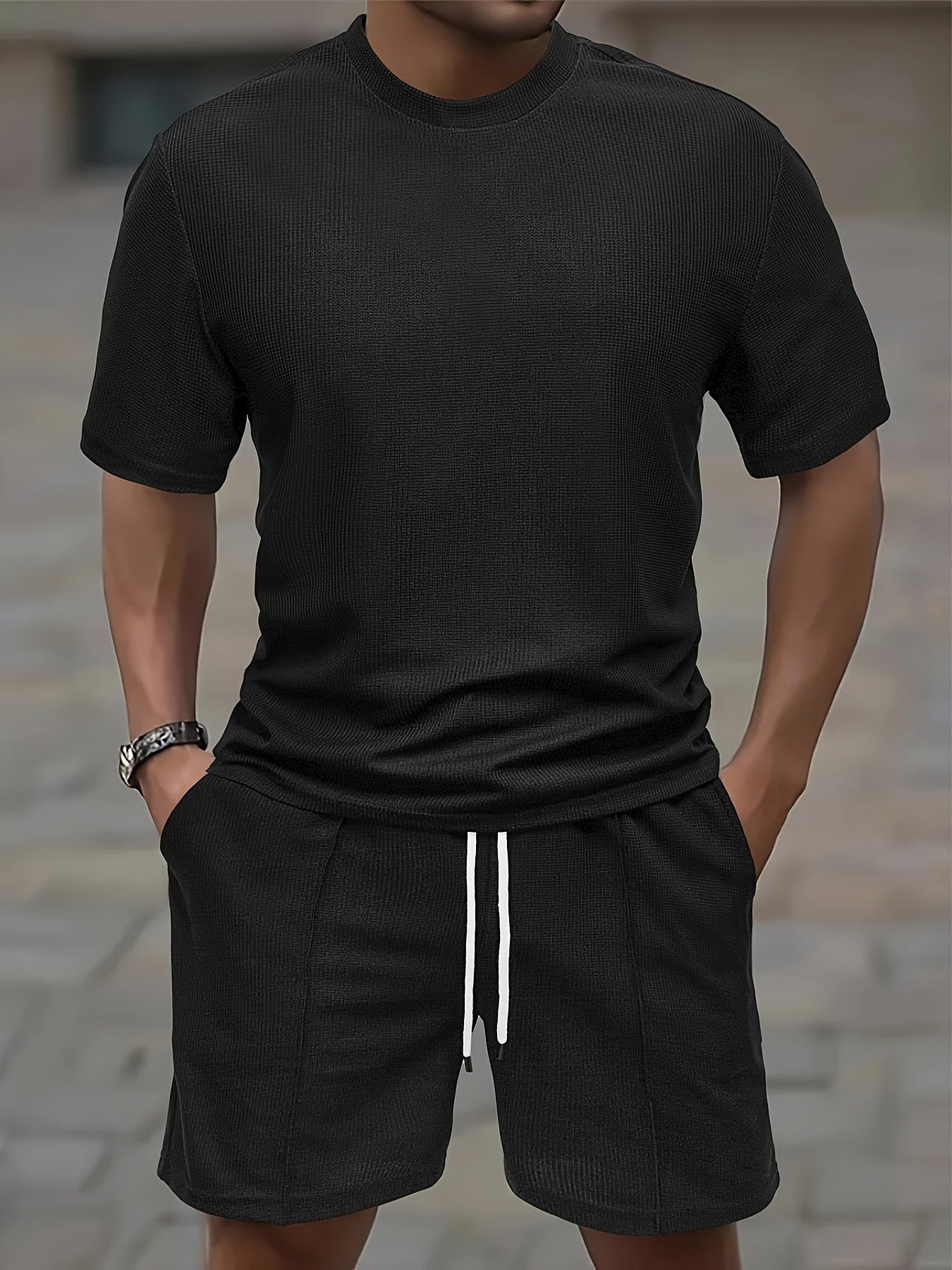 Men'S Waffle Round Neck Short Sleeve T-Shirt And Drawstring Shorts 2pcs Casual Athletic Regular Fit T-Shirt Top Spring Summer Outfit Cole Hampton