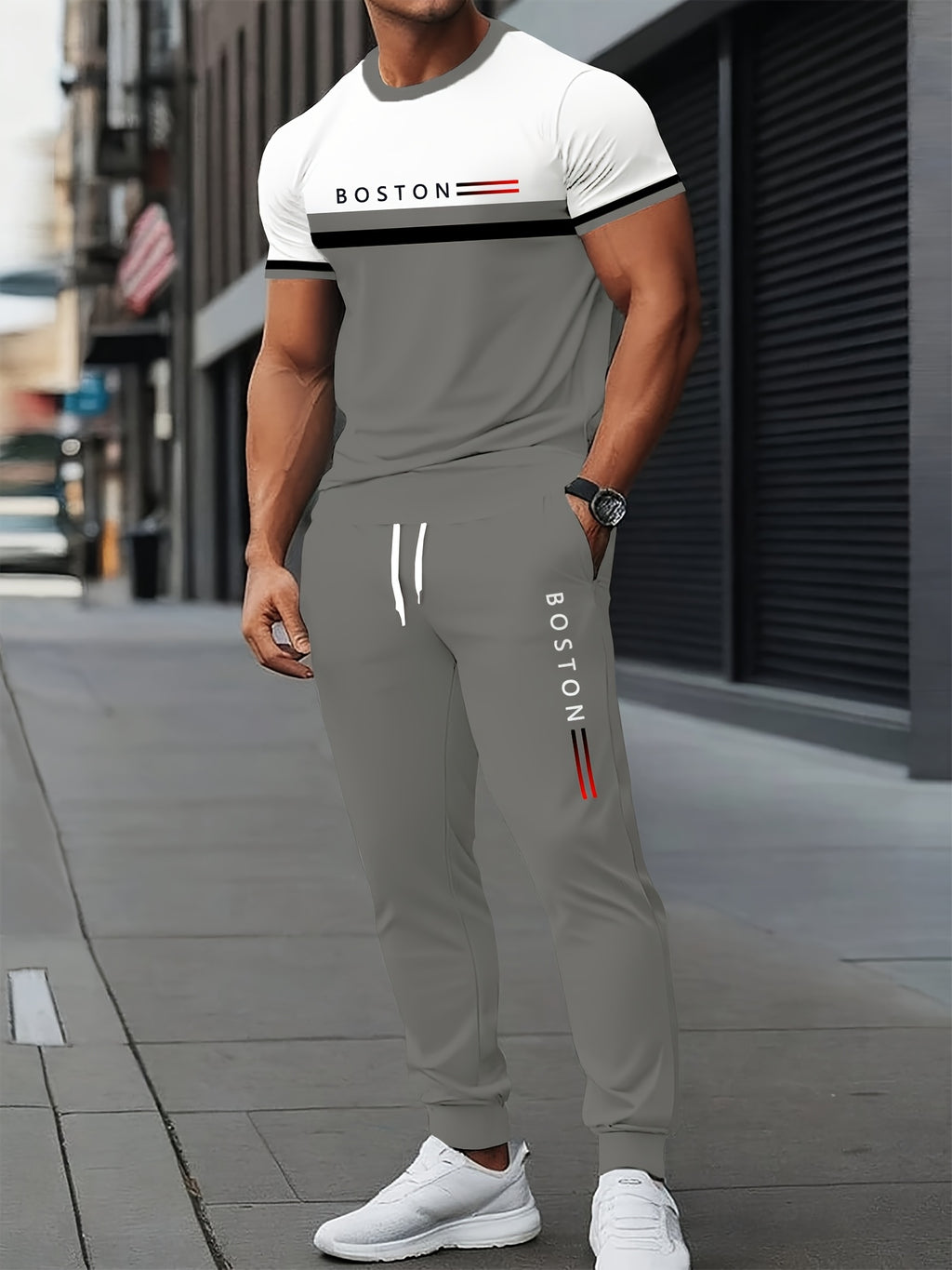 Men's Digital Printing Casual T-Shirt Pants Set - Polyester Blend, Round Neck, Slightly Stretchy, Spring/autumn Letter Printed Clothing, Regular Fit, Knitted Fabric, Suitable for Weekend Casual and Fashionable Wear Cole Hampton