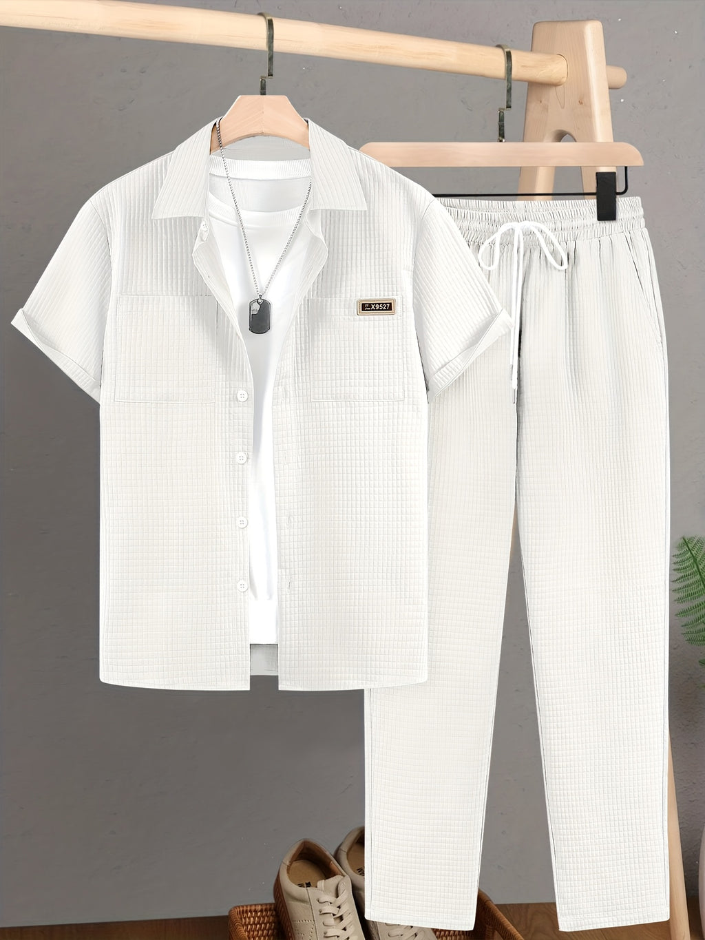 Summer Men'S Casual Bread Check Texture Short Sleeve Long Pants Shirt Set, 100% Polyester, Double-Pocket Shirt, Reversible Collar Woven Short Sleeve Top Machine Washable And Dry Clean Mature Non-Stretch Fashion Suitable for Outdoor/Office/Dating Han Cole Hampton
