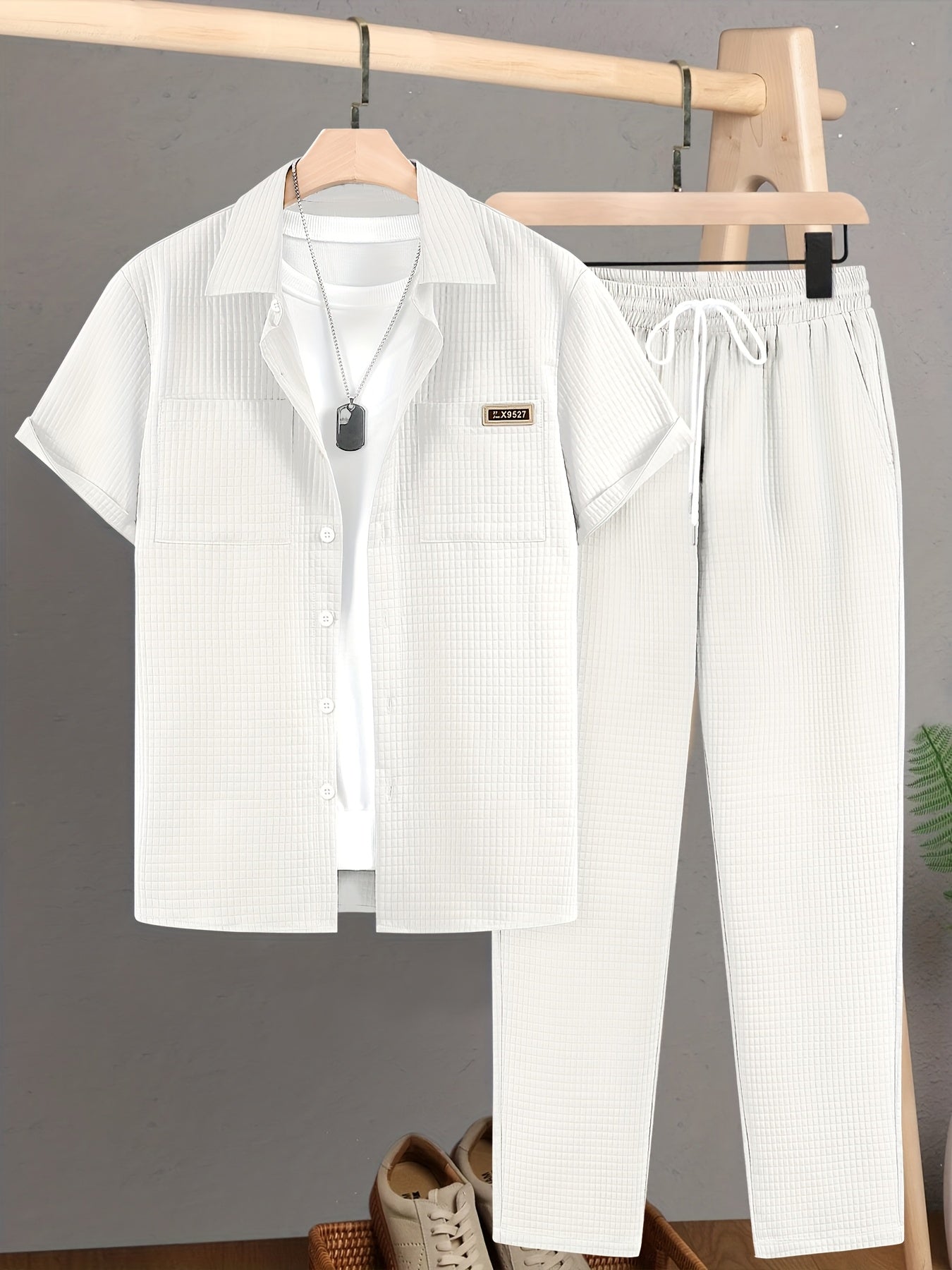 Summer Men'S Casual Bread Check Texture Short Sleeve Long Pants Shirt Set, 100% Polyester, Double-Pocket Shirt, Reversible Collar Woven Short Sleeve Top Machine Washable And Dry Clean Mature Non-Stretch Fashion Suitable for Outdoor/Office/Dating Han Cole Hampton