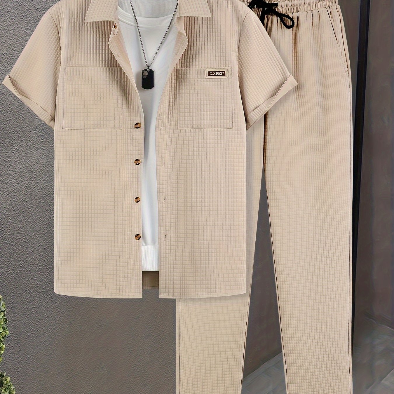 Summer Men'S Casual Bread Check Texture Short Sleeve Long Pants Shirt Set, 100% Polyester, Double-Pocket Shirt, Reversible Collar Woven Short Sleeve Top Machine Washable And Dry Clean Mature Non-Stretch Fashion Suitable for Outdoor/Office/Dating Han Cole Hampton