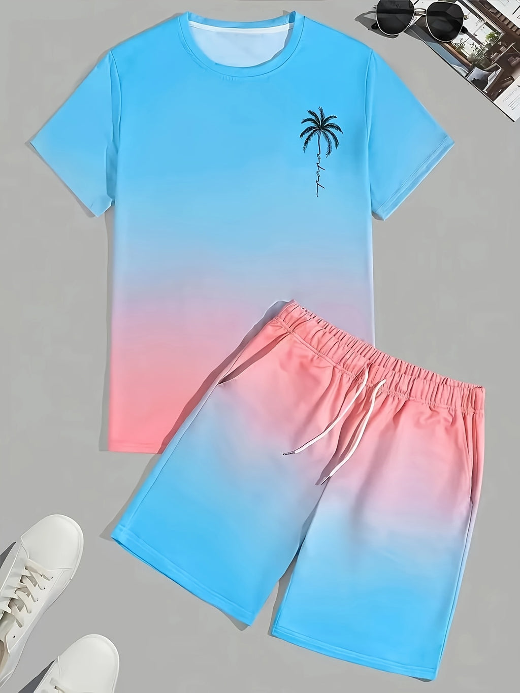 Men's fashion crewneck short-sleeved shorts two-piece set, 3D digital printing HD pattern, summer leisure and comfortable vacation sports Men's wear Cole Hampton