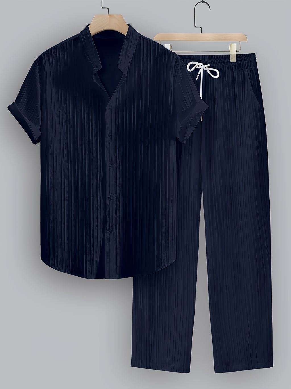 2pcs Men'S Summer Casual Striped Polyester Suit, Short-Sleeved Stand Collar Shirt And Drawstring Pants, Non-Stretch Woven Fabric, Regular Fit Suitable for Daily Wear And Beach Vacation, Solid Color, Beach Vacation Cole Hampton
