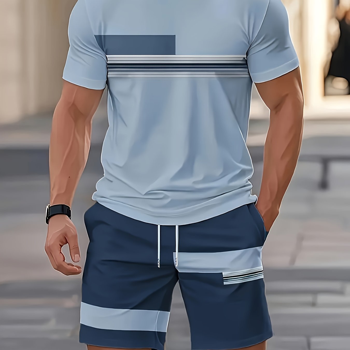 Men's Outdoor Outfit Set, Summer Trendy Fashion Short-Sleeve Crew Neck Creative Quick-Dry T-Shirt Top + Shorts, 3D Digital Print Vintage Style Striped Contrast Color Pattern, A Must-Have for Street Trendsetters, Suitable for Daily Casual Cole Hampton
