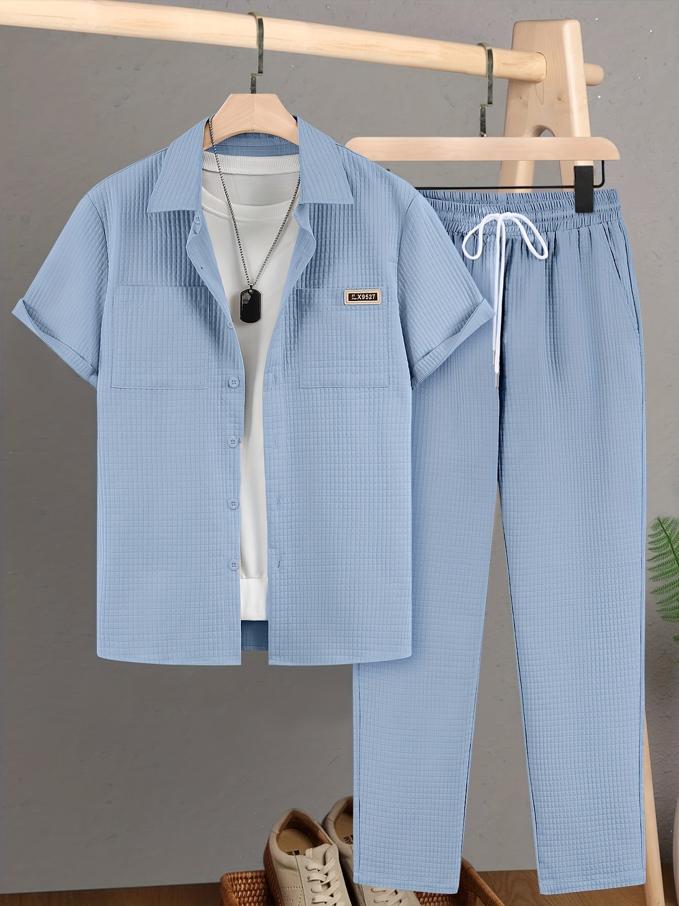 Summer Men'S Casual Bread Check Texture Short Sleeve Long Pants Shirt Set, 100% Polyester, Double-Pocket Shirt, Reversible Collar Woven Short Sleeve Top Machine Washable And Dry Clean Mature Non-Stretch Fashion Suitable for Outdoor/Office/Dating Han Cole Hampton