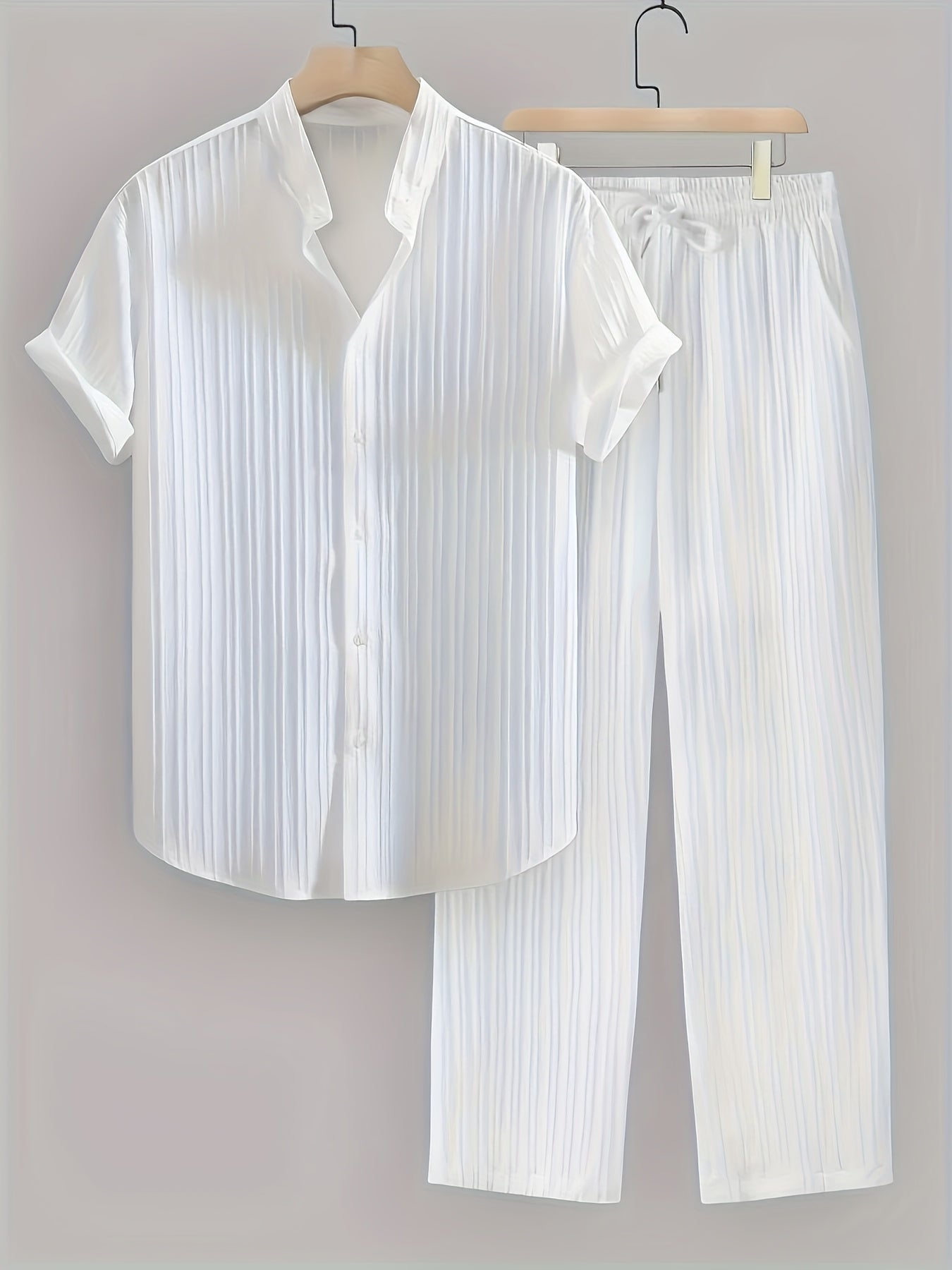 Men's New Trend Textured Wave Stripe Short Sleeve Long Pants Casual Set Cole Hampton