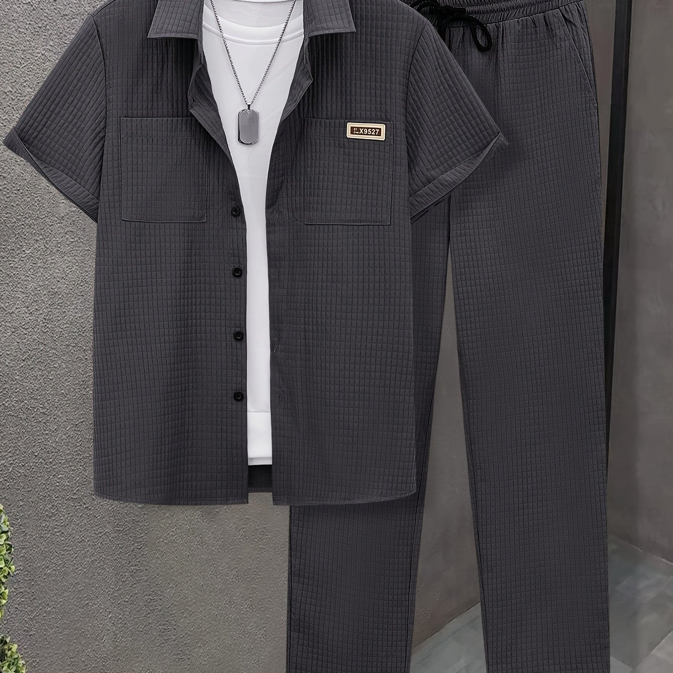 Summer Men'S Casual Bread Check Texture Short Sleeve Long Pants Shirt Set, 100% Polyester, Double-Pocket Shirt, Reversible Collar Woven Short Sleeve Top Machine Washable And Dry Clean Mature Non-Stretch Fashion Suitable for Outdoor/Office/Dating Han Cole Hampton