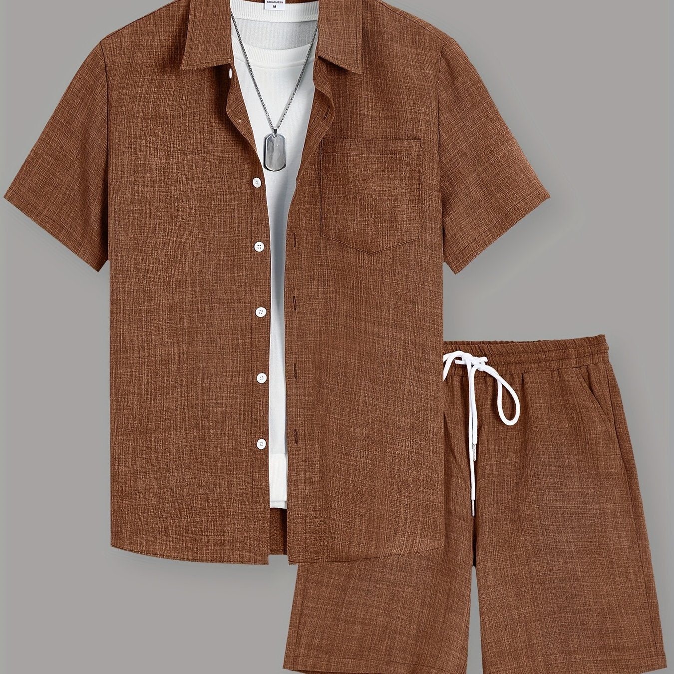 OBM Starry Men'S Solid Color Fresh Pocket Short Sleeve Shirt And Drawstring Double Slant Pockets Shorts Set Cole Hampton