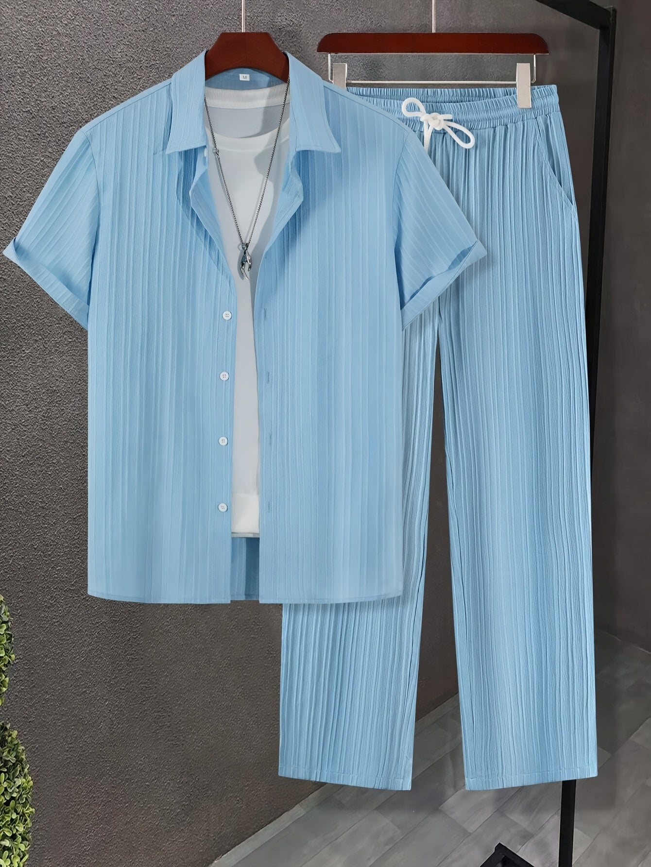 Men's Striped Casual Short-Sleeve Shirt + Casual Drawstring Lined Long Pants 2pcs Set with Elastic Waistband for Holiday Leisure Outings Cole Hampton