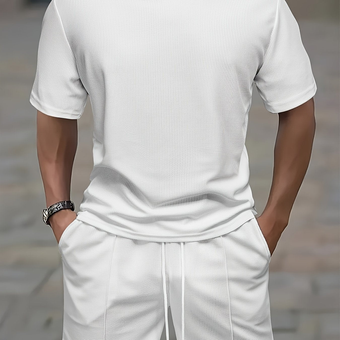 Men'S Waffle Round Neck Short Sleeve T-Shirt And Drawstring Shorts 2pcs Casual Athletic Regular Fit T-Shirt Top Spring Summer Outfit Cole Hampton