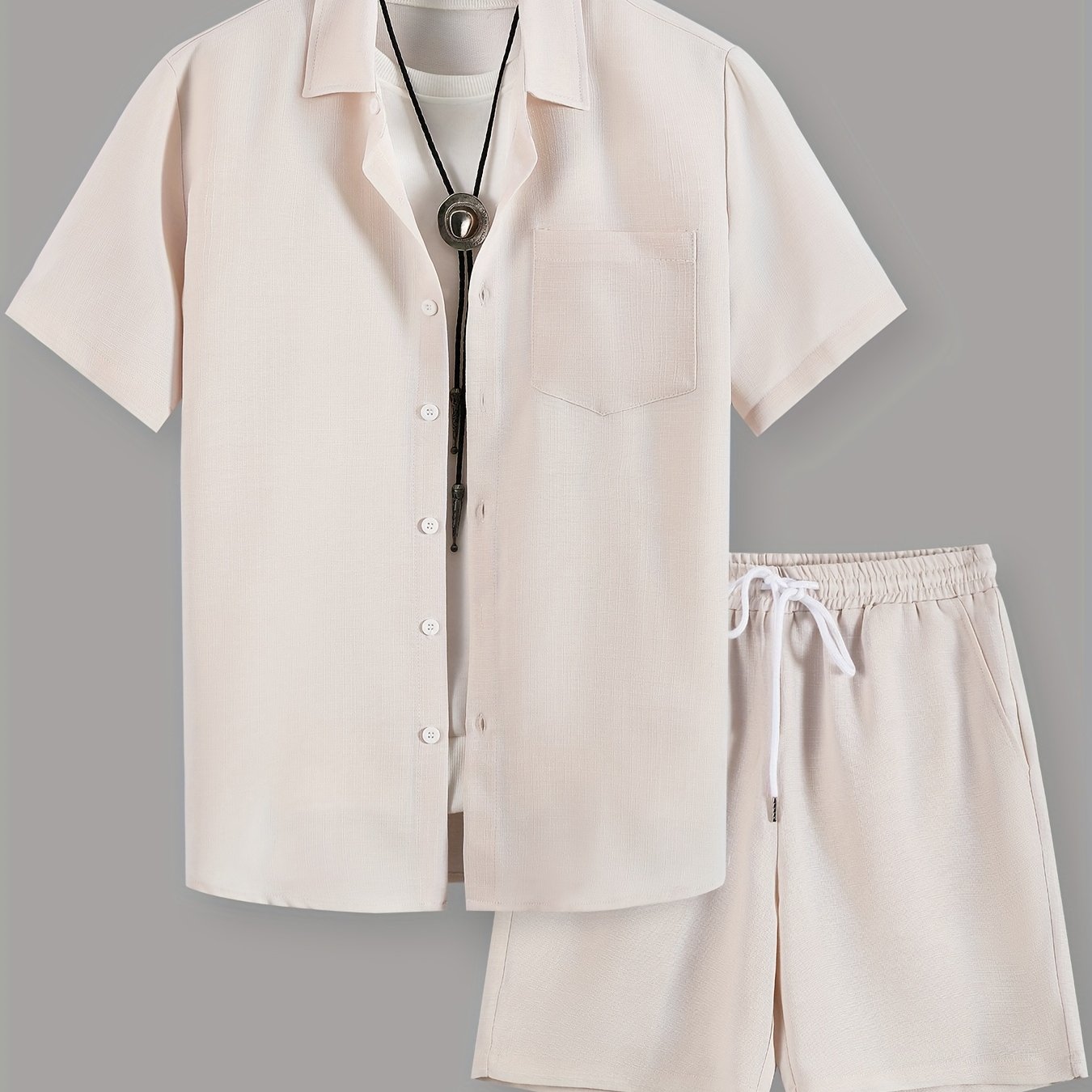 OBM Starry Men'S Solid Color Fresh Pocket Short Sleeve Shirt And Drawstring Double Slant Pockets Shorts Set Cole Hampton